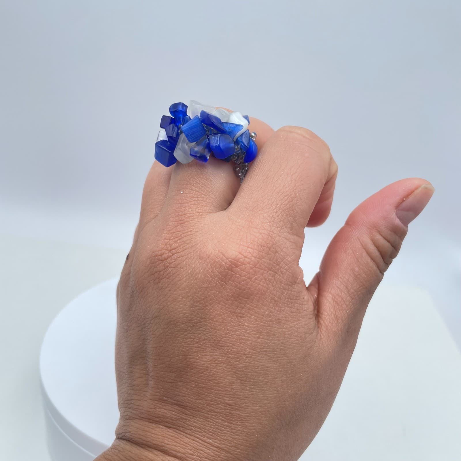 Artisan Blue Fashion Right-Angle Weave Cat's Eye Cluster Beaded Stretch Ring - Thumbnail 8