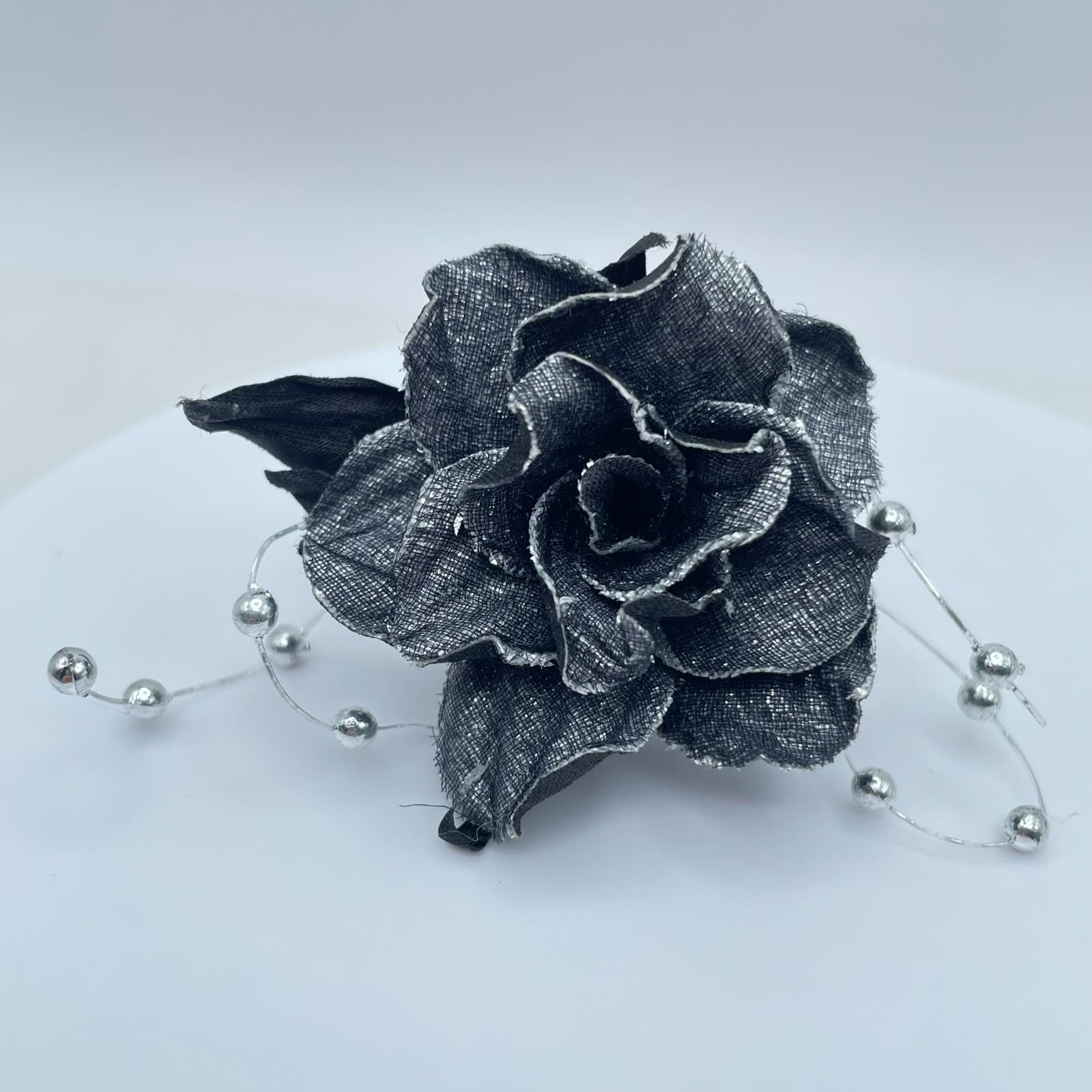 Gothic Glamour Dark Gray Artisan Metal Fring Sinamay Rose Flower Cocktail Ring - Image 1