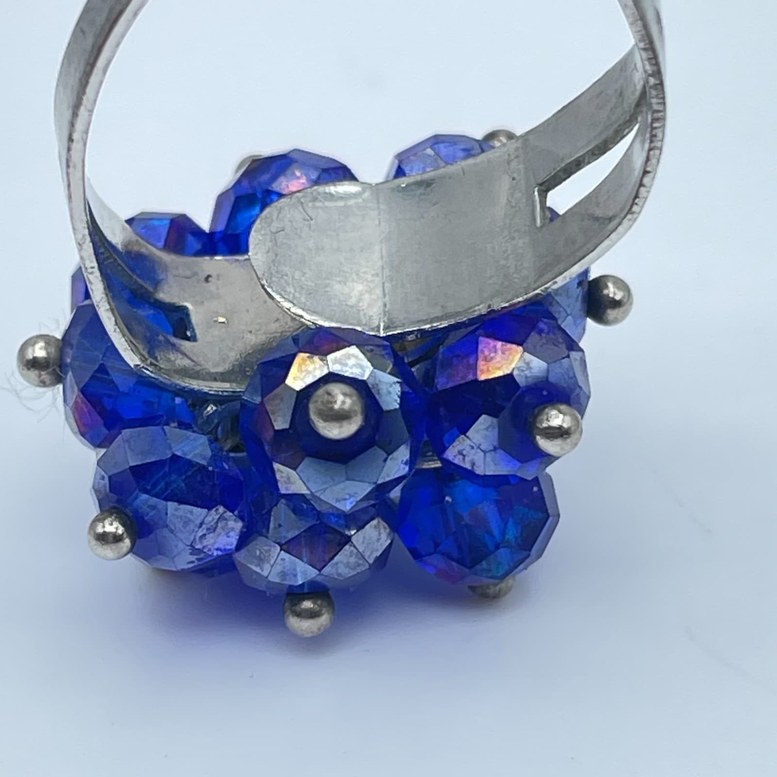 Vintage Silver-Tone Blue Faceted Cluster Beads Adjustable Metal Cocktail Ring - Thumbnail 8