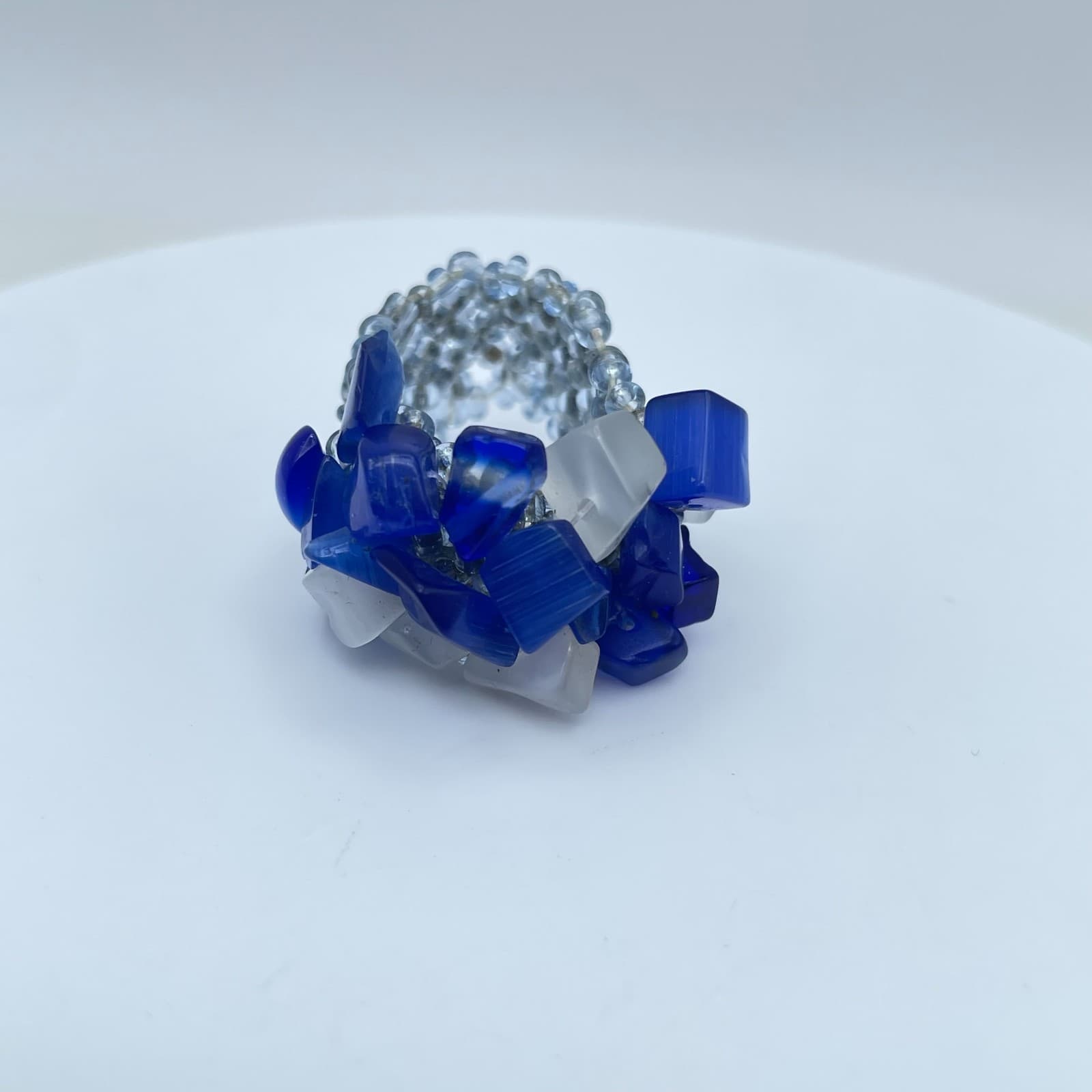 Artisan Blue Fashion Right-Angle Weave Cat's Eye Cluster Beaded Stretch Ring - Thumbnail 2