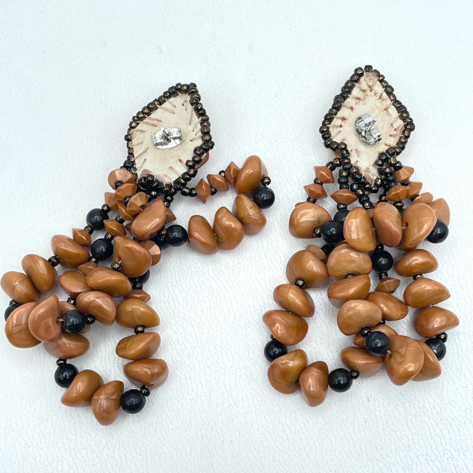 Vintage Caramel Handcrafted Bohemian Chic Beaded Top Cabochon Dangle Earrings - Thumbnail 3