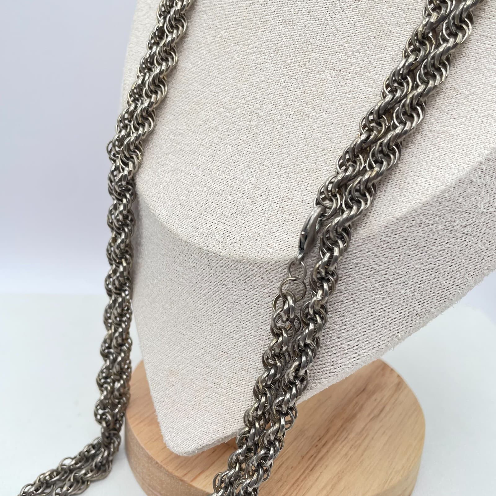 Vintage 80 Silver-Tone Classic Double Strand Twisted Rope Chain Lobster Necklace - Thumbnail 5