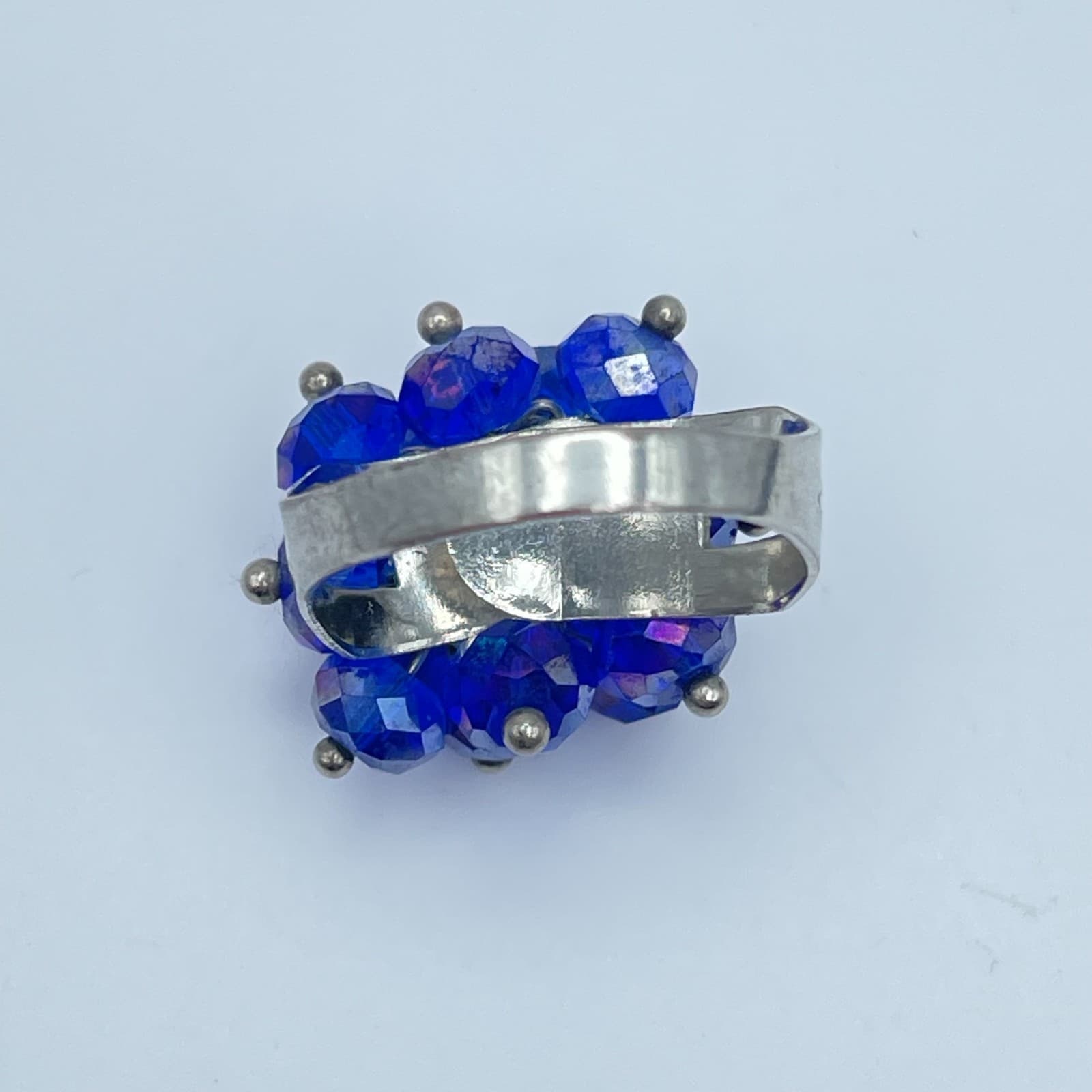 Vintage Silver-Tone Blue Faceted Cluster Beads Adjustable Metal Cocktail Ring - Thumbnail 7