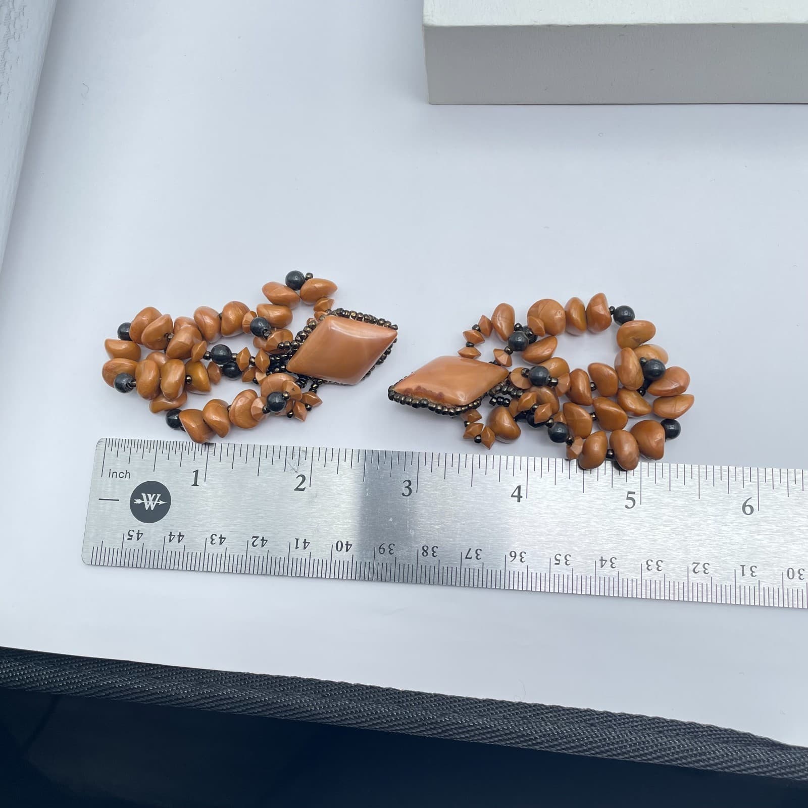 Vintage Caramel Handcrafted Bohemian Chic Beaded Top Cabochon Dangle Earrings - Thumbnail 2