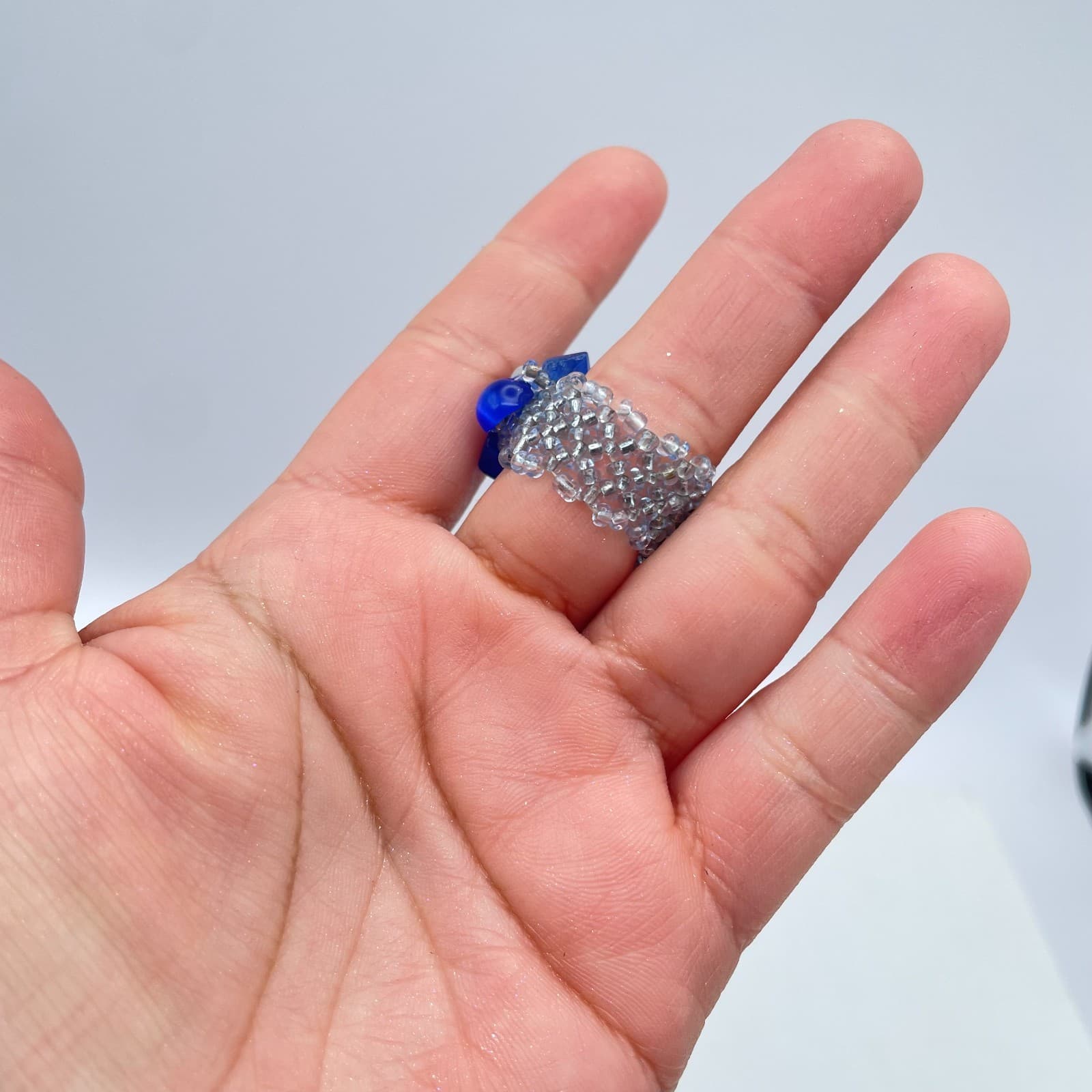 Artisan Blue Fashion Right-Angle Weave Cat's Eye Cluster Beaded Stretch Ring - Thumbnail 9