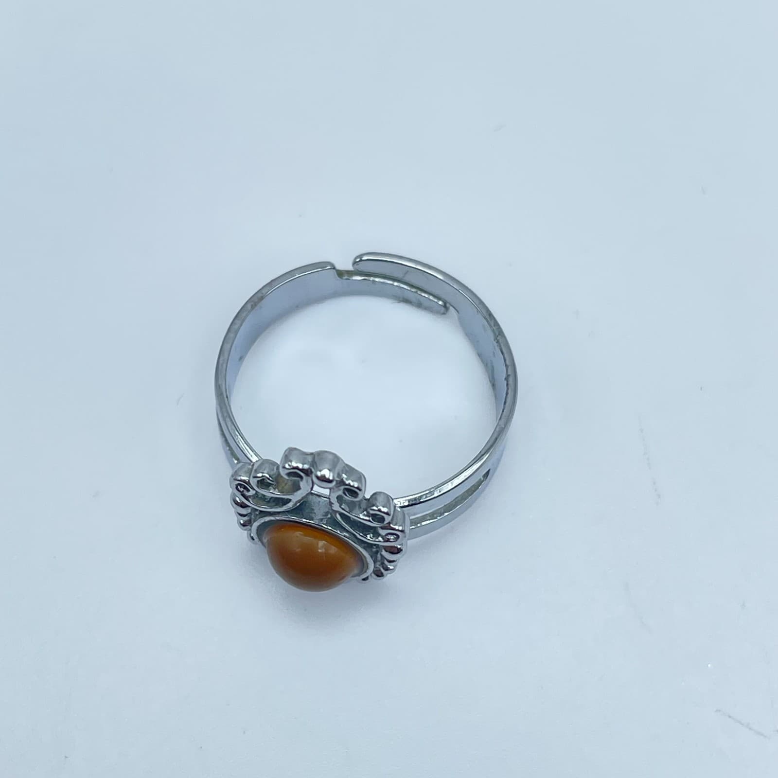 Vintage Silver-Tone Amber-Color Bead Ornate Filigree Split-Shank Band Ring - Thumbnail 3