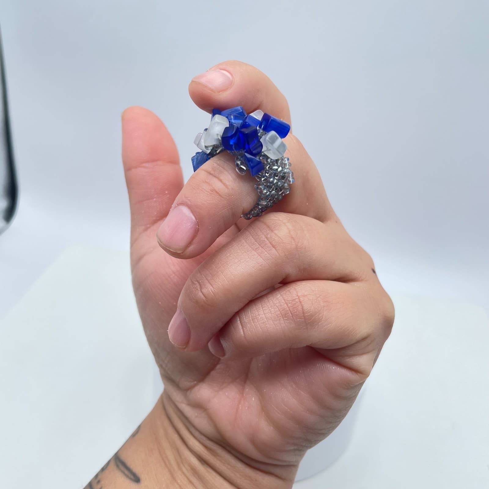 Artisan Blue Fashion Right-Angle Weave Cat's Eye Cluster Beaded Stretch Ring - Thumbnail 10