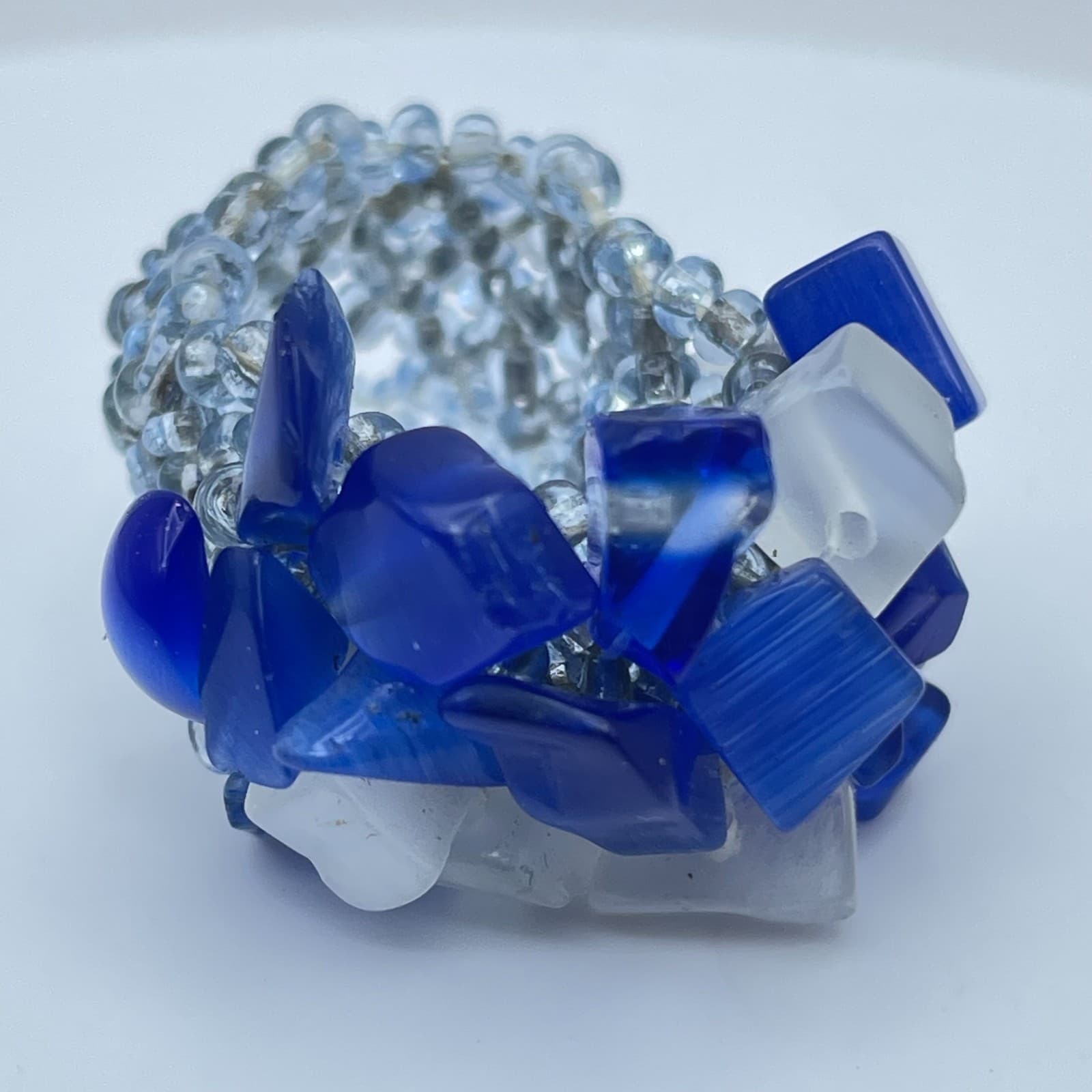 Artisan Blue Fashion Right-Angle Weave Cat's Eye Cluster Beaded Stretch Ring - Thumbnail 7