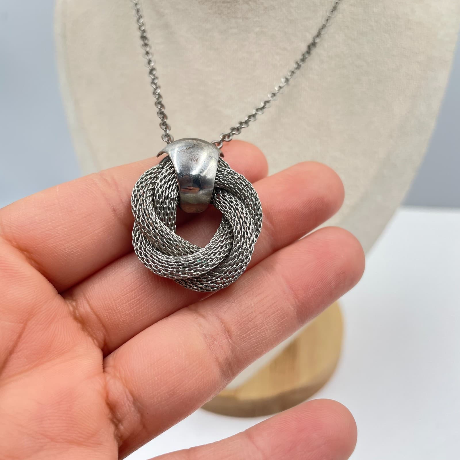 Vintage Silver Tone Mesh Love Knot Pendant Necklace Mixed Metal Woven Link 20" - Image 1