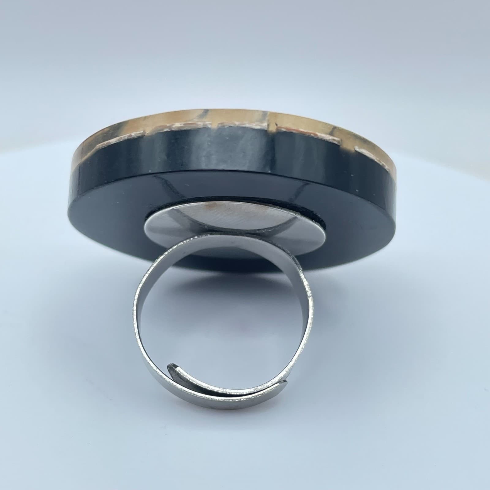 Vintage Silver-Tone Adjustable Glassmour Zebra Palateau Art Deco Cocktail Ring - Thumbnail 4