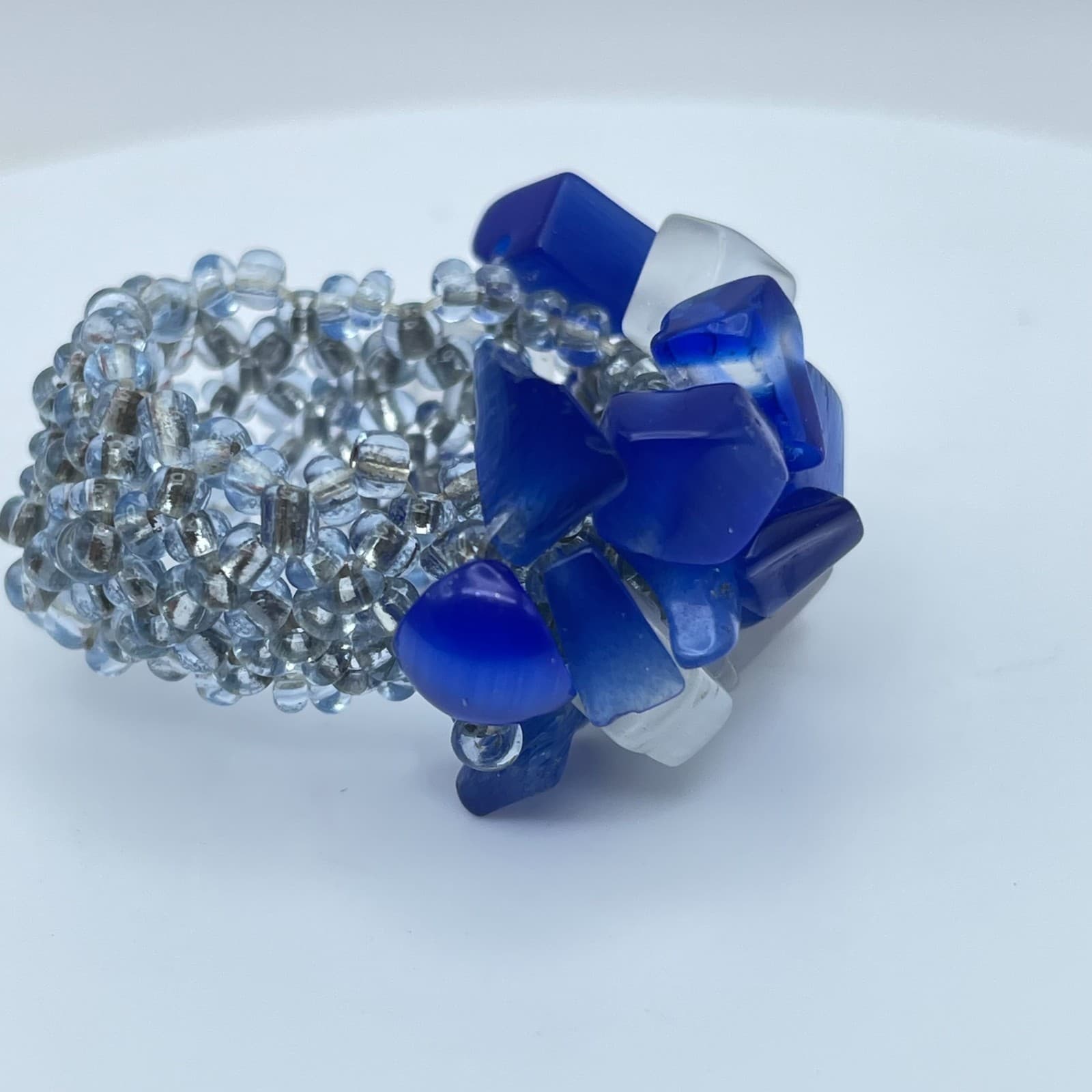 Artisan Blue Fashion Right-Angle Weave Cat's Eye Cluster Beaded Stretch Ring - Thumbnail 6