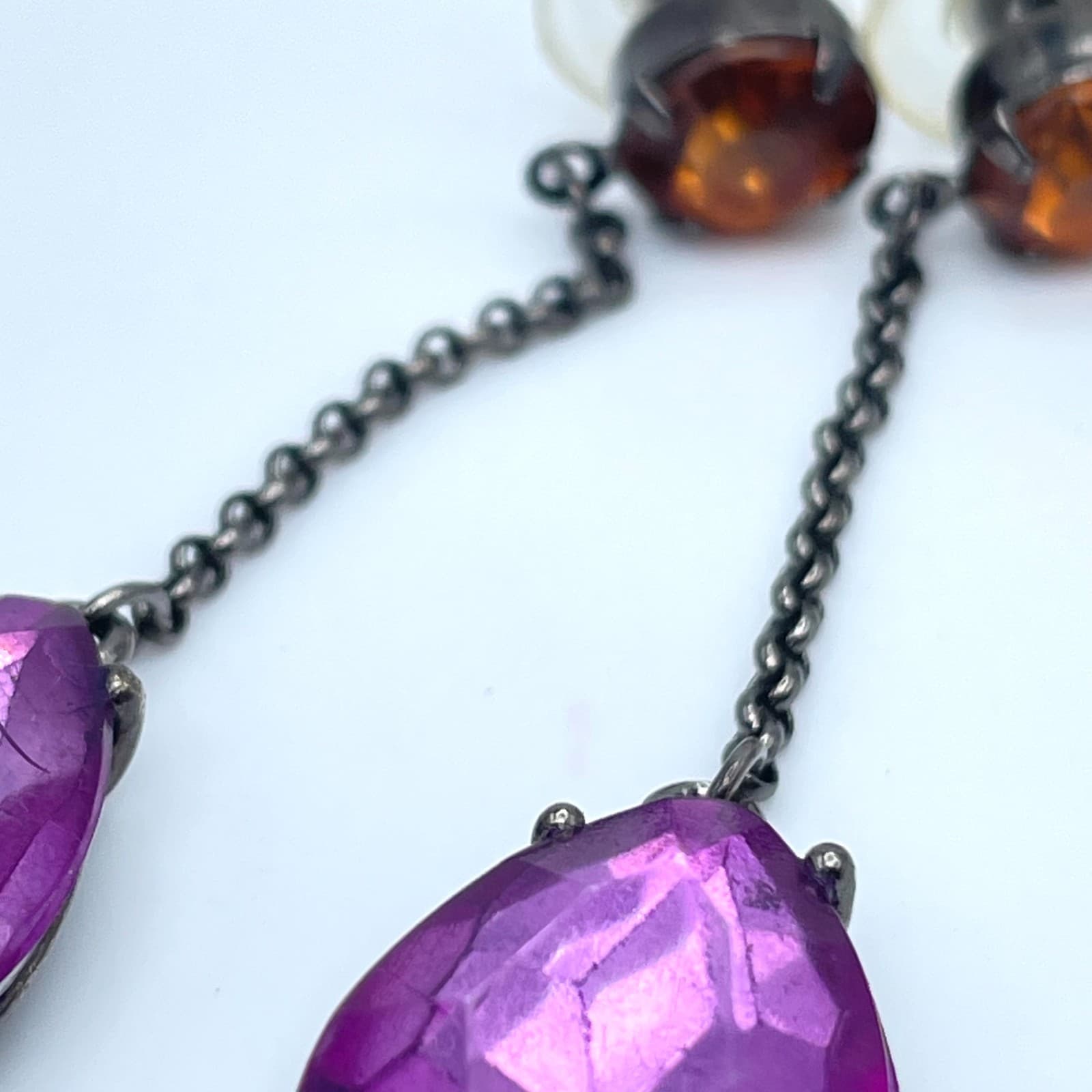 Vintage Gunmetal-Tone Prong Faceted Glass Purple Teardrop Beads Dangle Earrings - Thumbnail 8