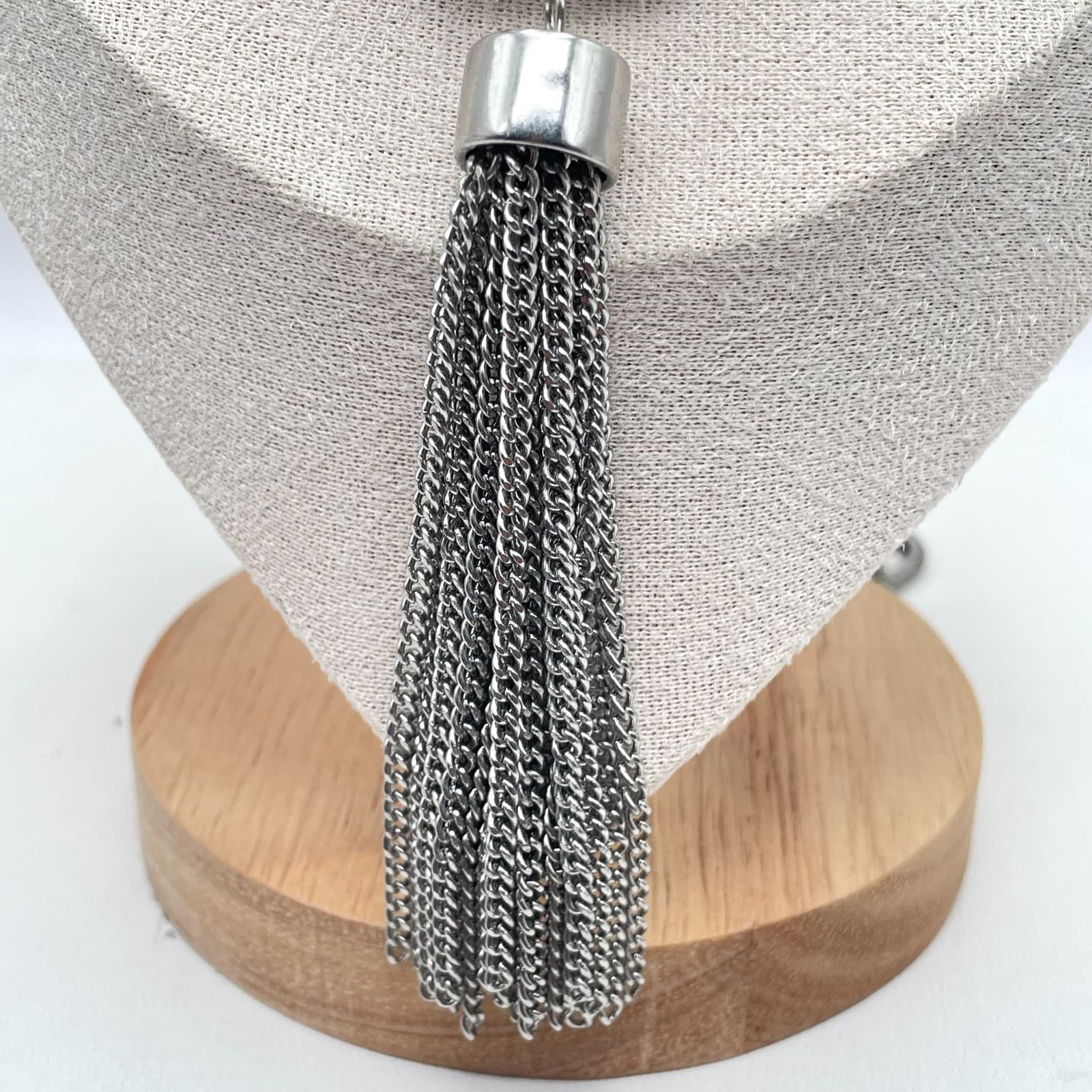 Vintage Silver-Tone Beaded Chain Metal Fringe Round Druzy Pendant Necklace - Thumbnail 5