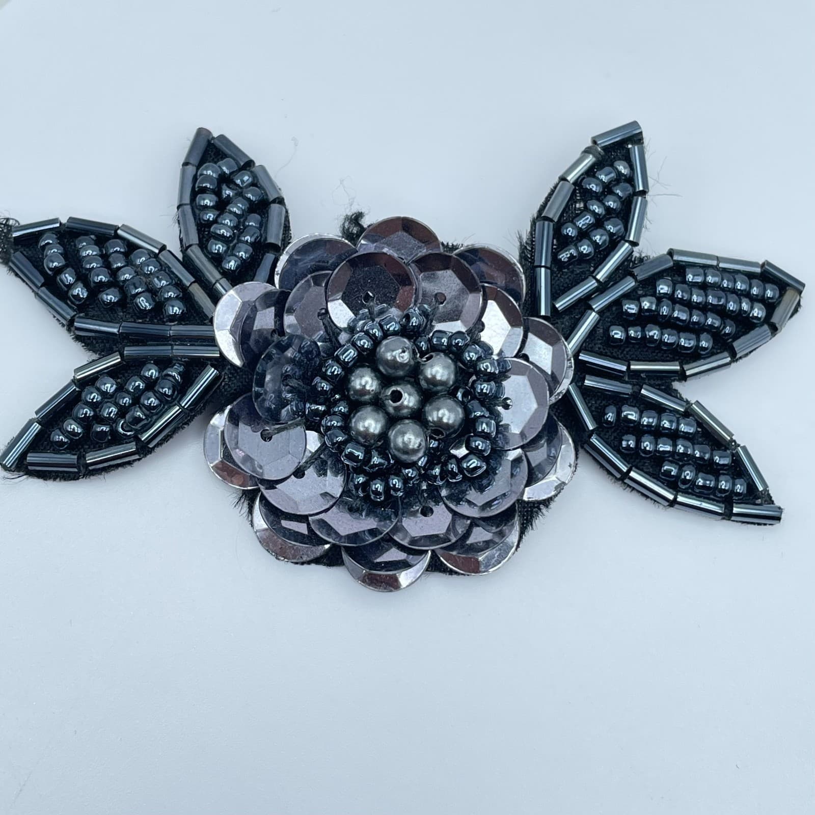 Vintage Black Sequins Seed Beaded Cluster Leaves Floral Appliqué Brooch Pin - Image 1