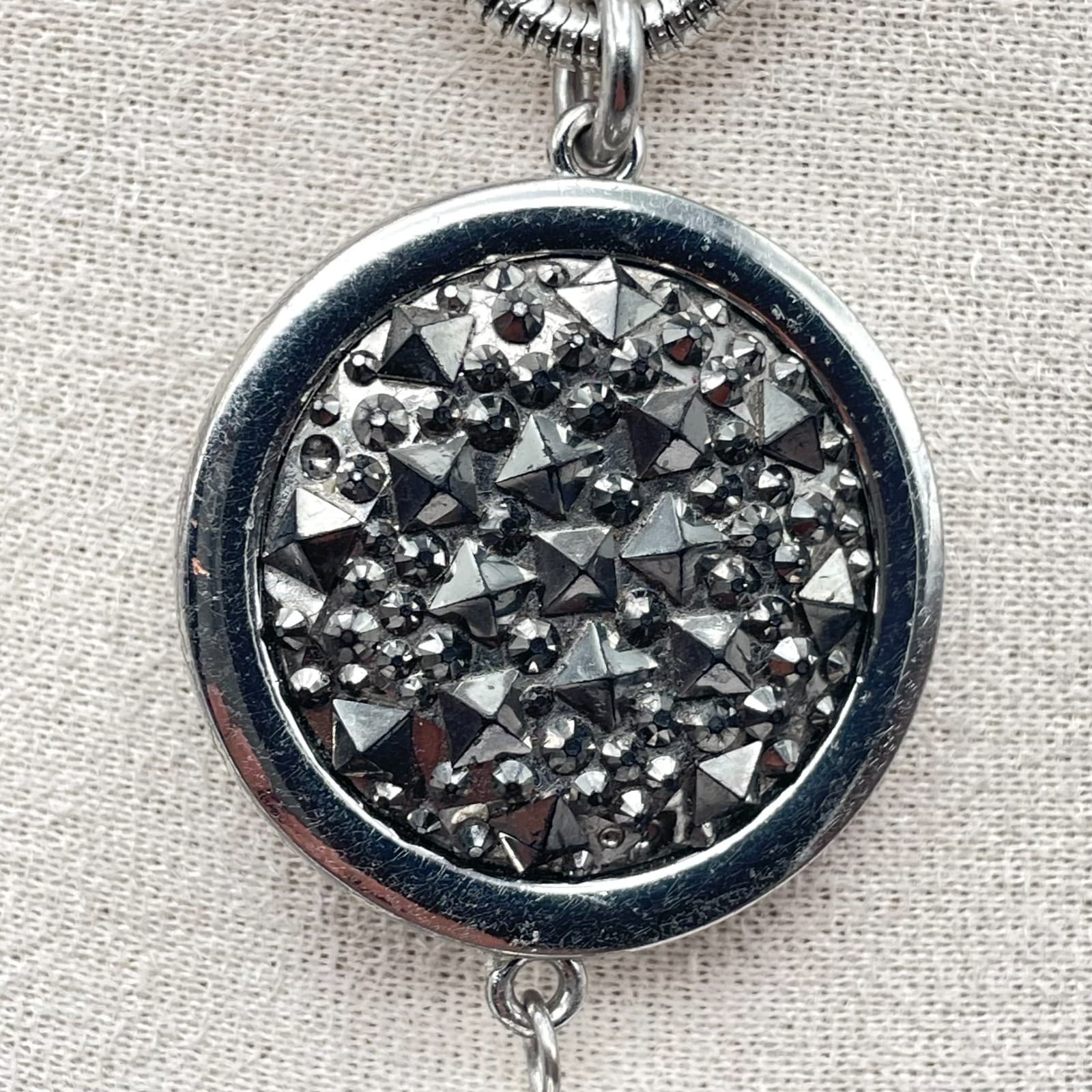 Vintage Silver-Tone Beaded Chain Metal Fringe Round Druzy Pendant Necklace - Thumbnail 4