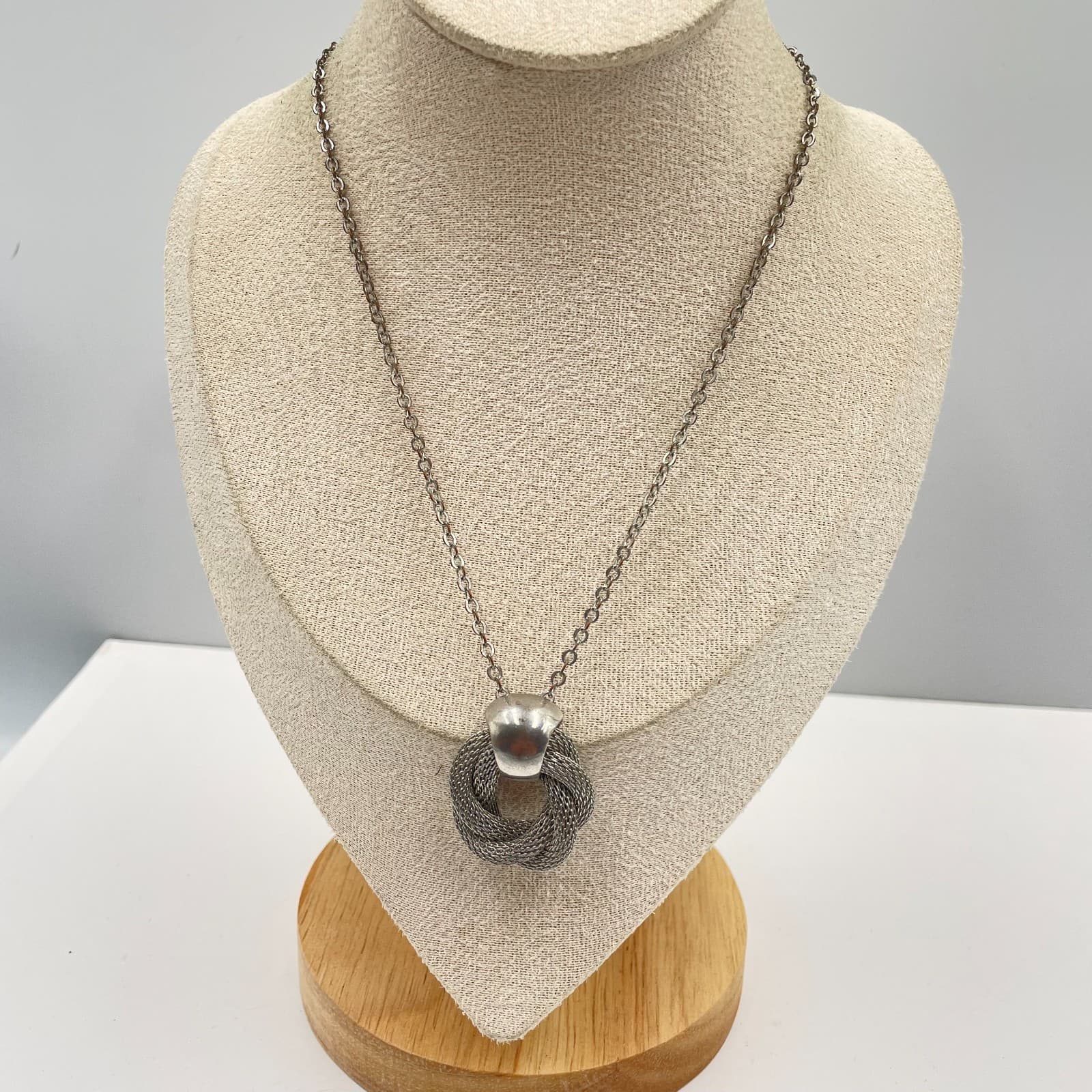 Vintage Silver Tone Mesh Love Knot Pendant Necklace Mixed Metal Woven Link 20" - Thumbnail 2