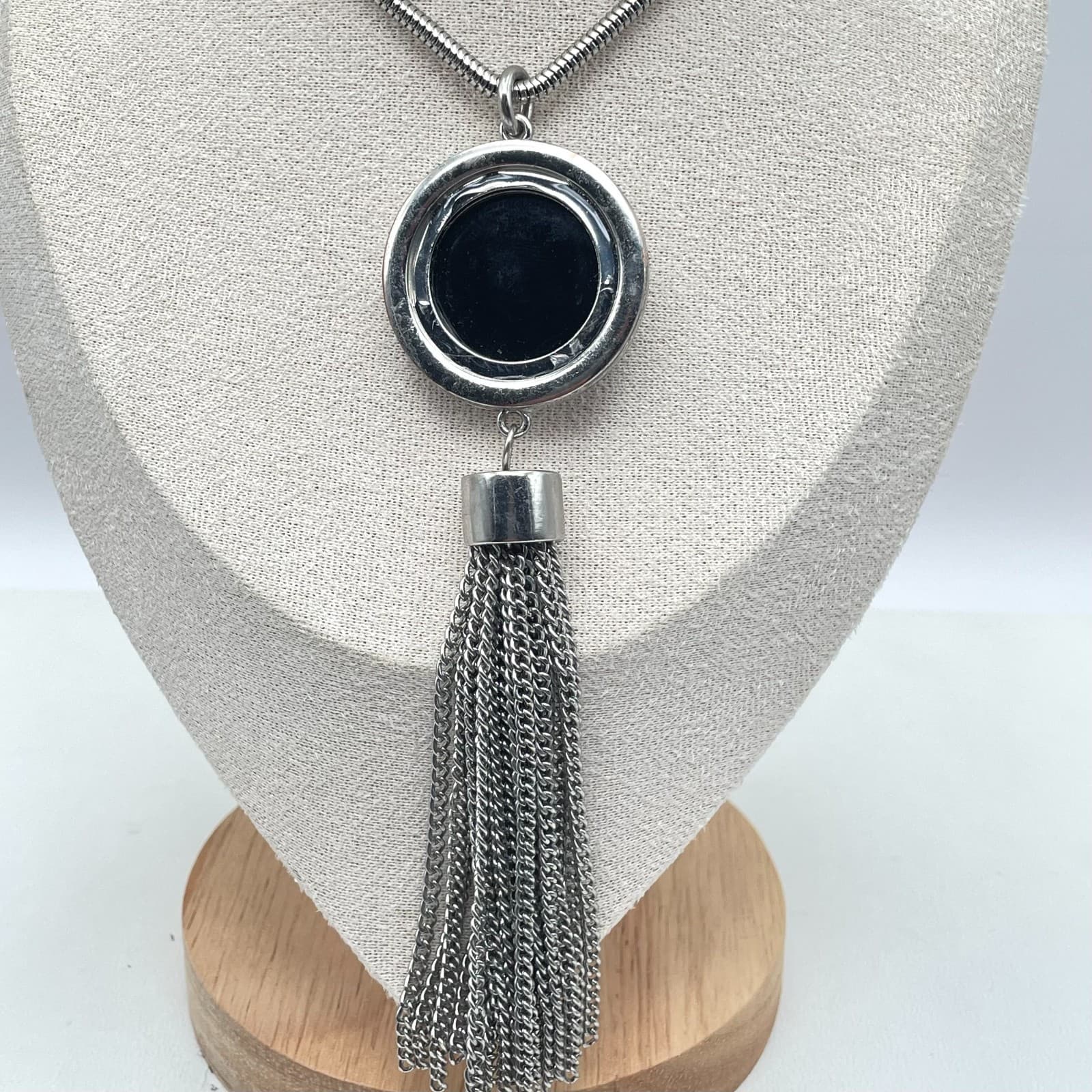 Vintage Silver-Tone Beaded Chain Metal Fringe Round Druzy Pendant Necklace - Thumbnail 2