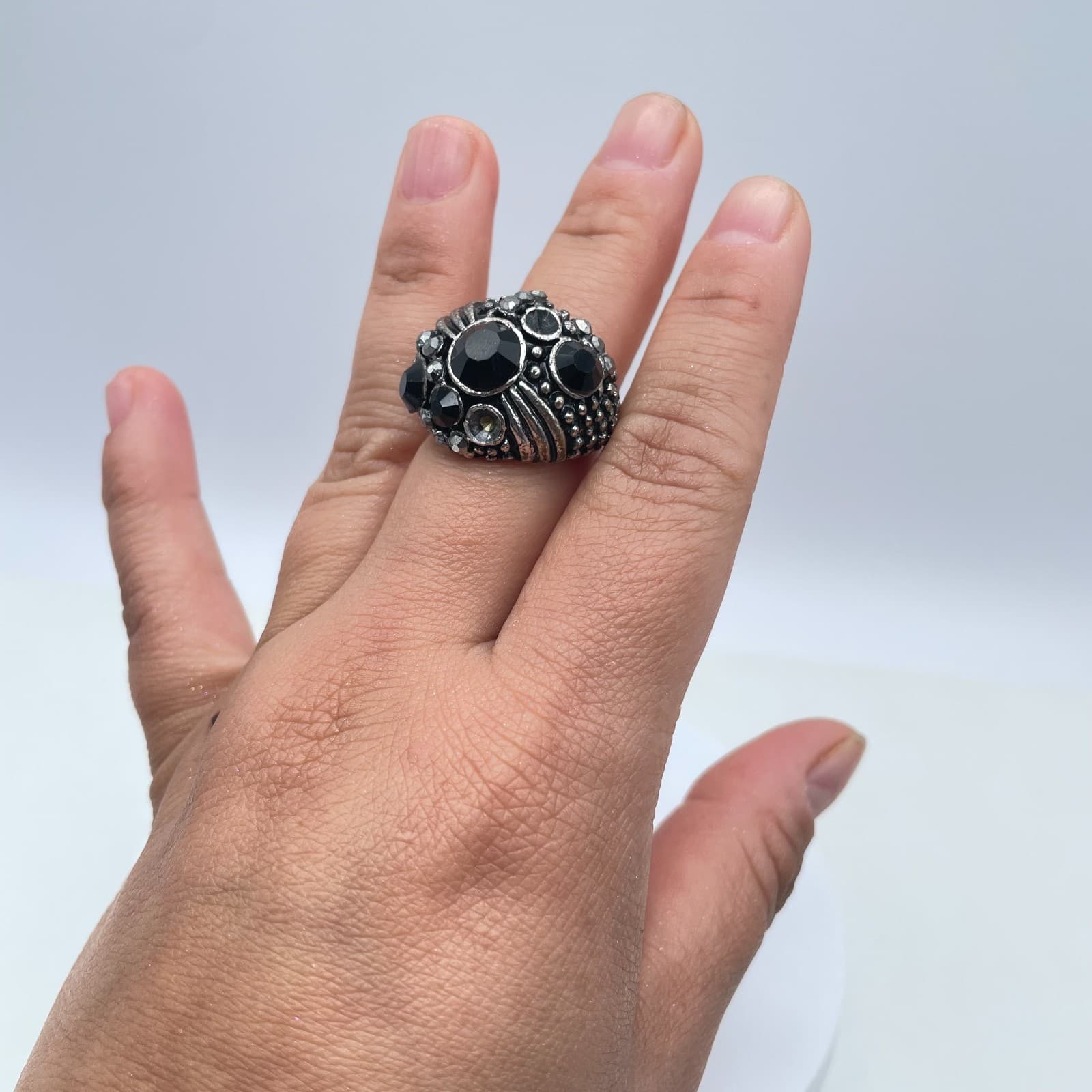 Vintage Silver-Tone Bohemian Oxidize Metal Bezel Faceted Beads Royal Shape Ring - Thumbnail 7