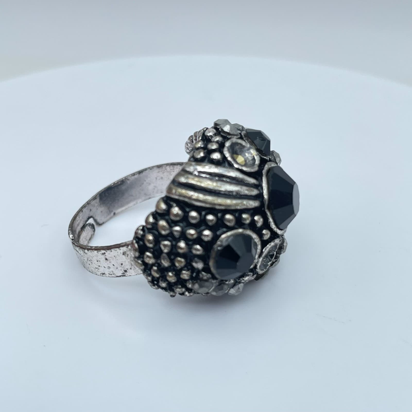 Vintage Silver-Tone Bohemian Oxidize Metal Bezel Faceted Beads Royal Shape Ring - Thumbnail 5