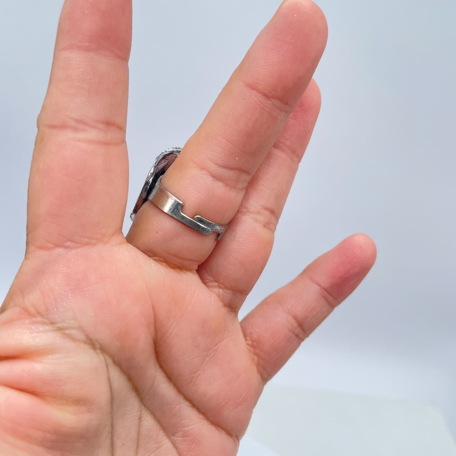 Silver-Tone Oxidize Metal Pave Clear Rhinestone Oval Turquoise Statement Ring - Thumbnail 11