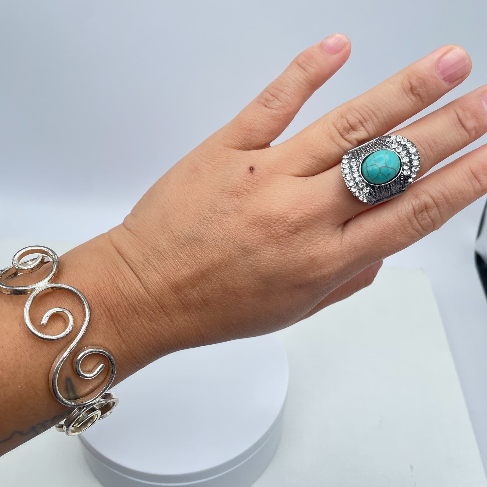 Silver-Tone Oxidize Metal Pave Clear Rhinestone Oval Turquoise Statement Ring - Thumbnail 13