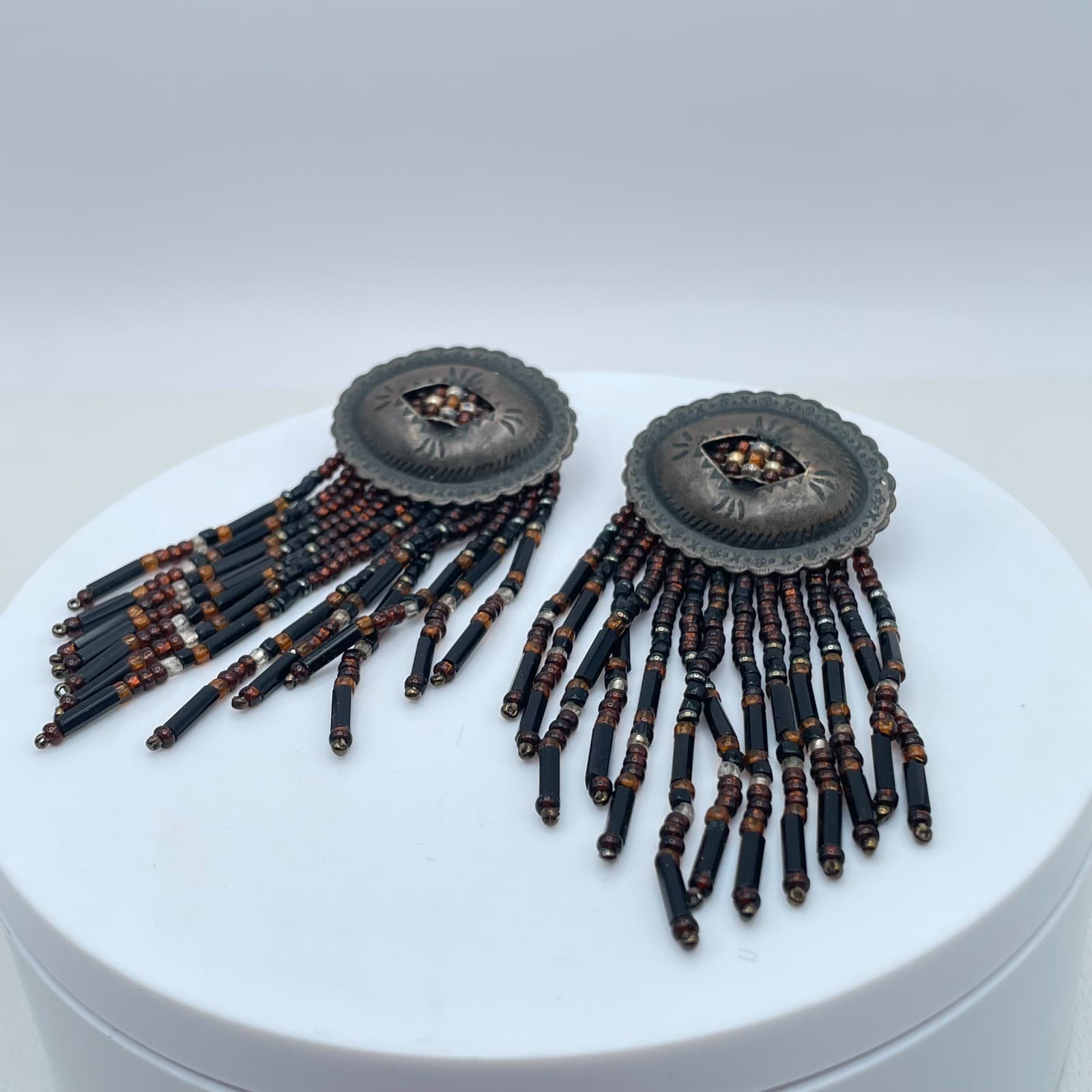 Bohemian Scalloped Metal Tops Black Brown Seed Beads Fringe Concho Earrings - Thumbnail 4
