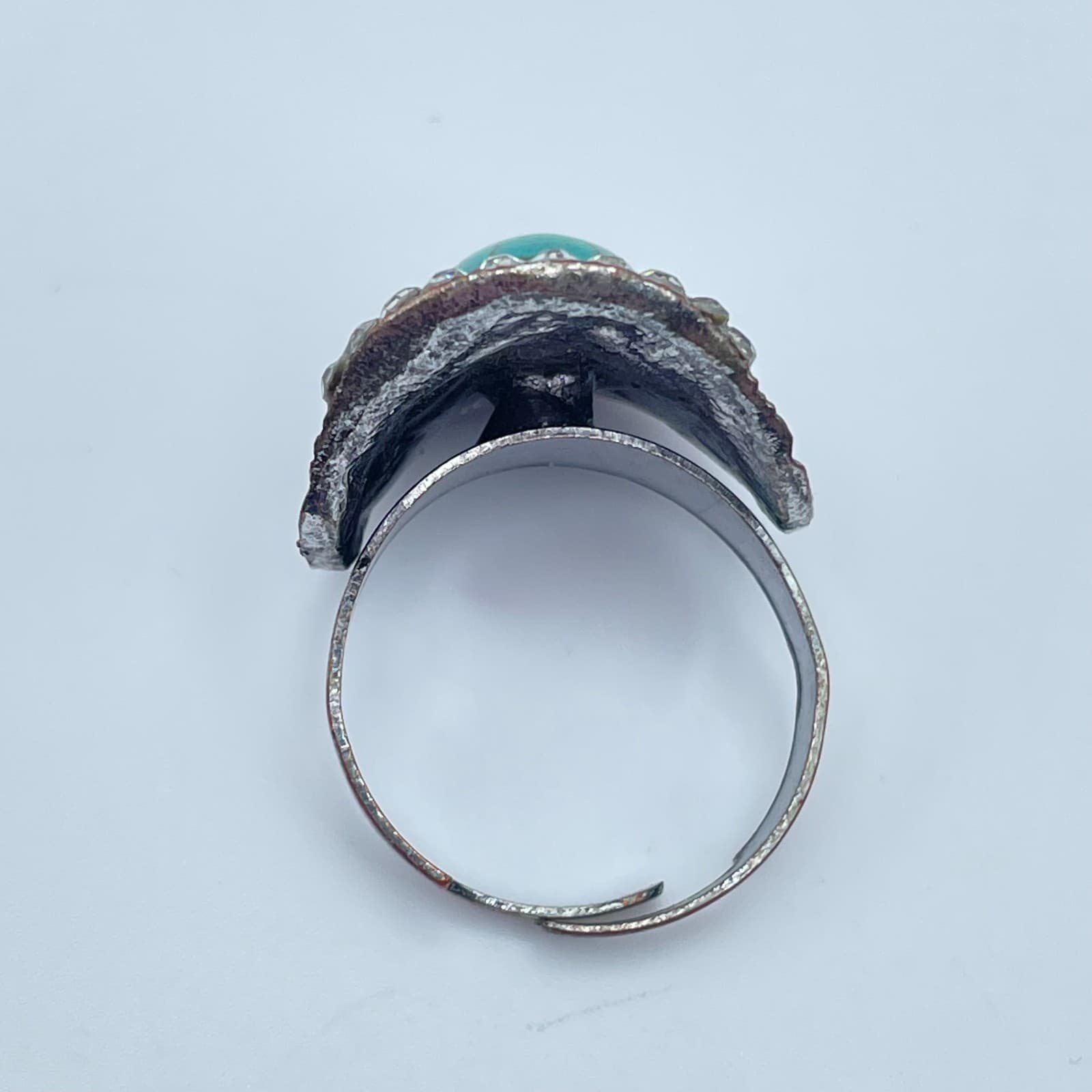 Silver-Tone Oxidize Metal Pave Clear Rhinestone Oval Turquoise Statement Ring - Thumbnail 6
