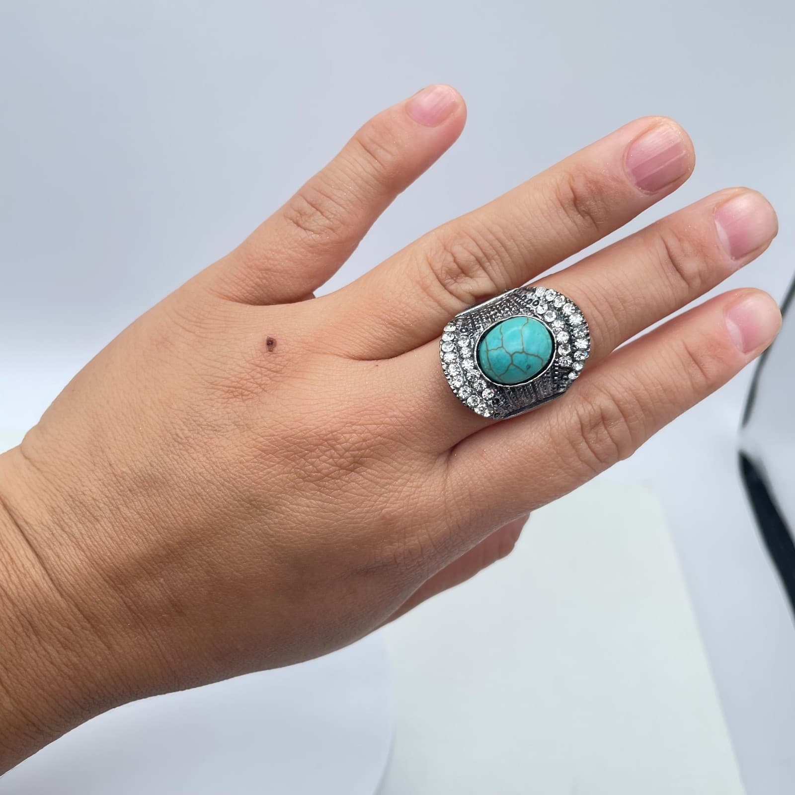 Silver-Tone Oxidize Metal Pave Clear Rhinestone Oval Turquoise Statement Ring - Thumbnail 14