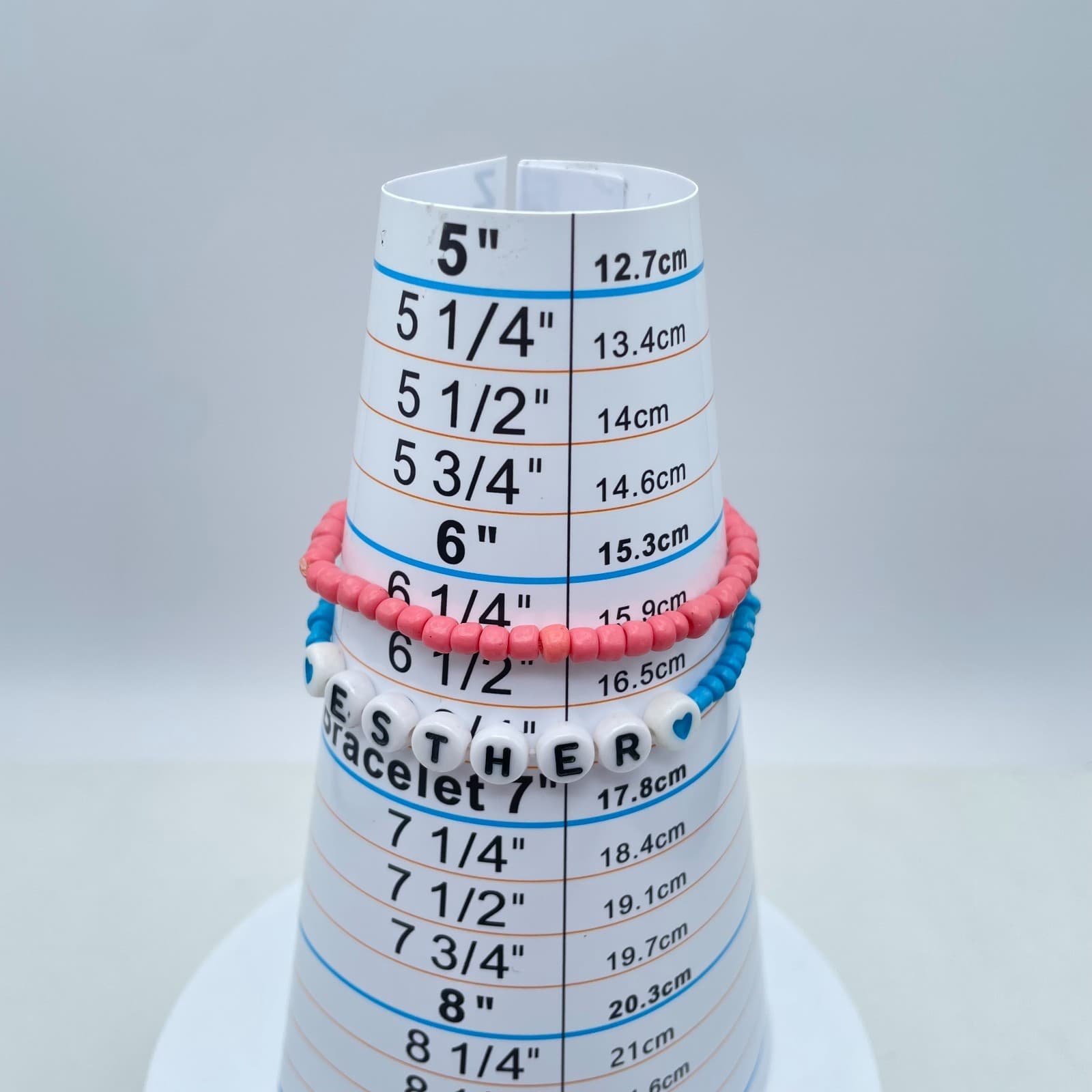 Lot of 2 Pink Blue Seed Beaded Personalized Name "Esther" Cord Stretch Bracelet - Thumbnail 2