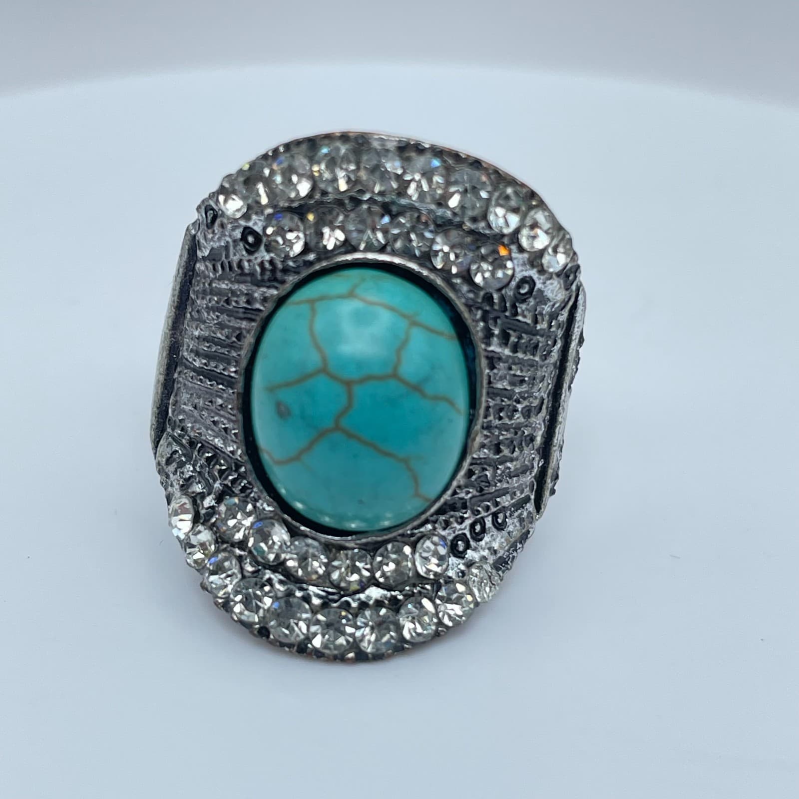 Silver-Tone Oxidize Metal Pave Clear Rhinestone Oval Turquoise Statement Ring - Image 1
