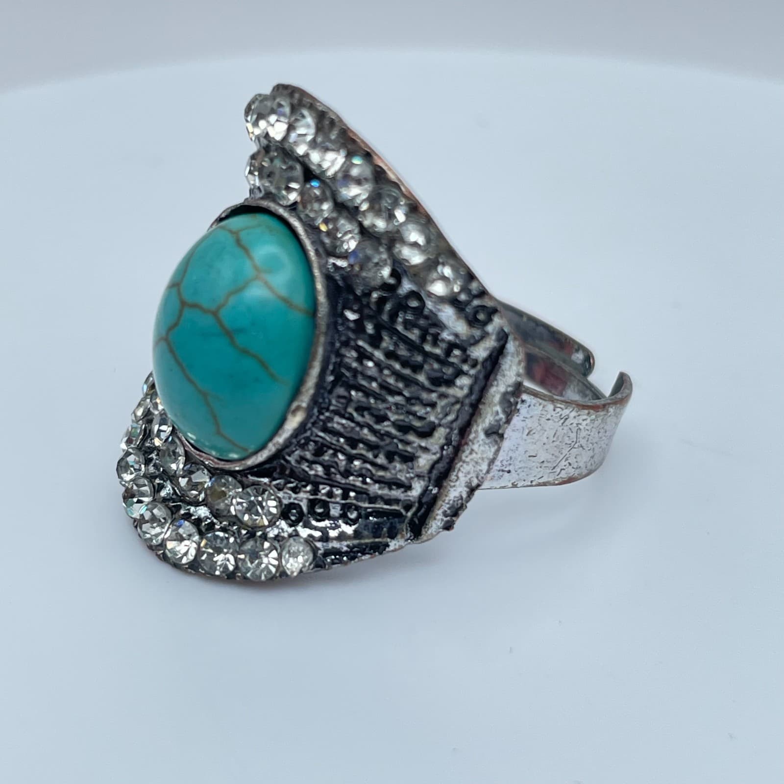 Silver-Tone Oxidize Metal Pave Clear Rhinestone Oval Turquoise Statement Ring - Thumbnail 3