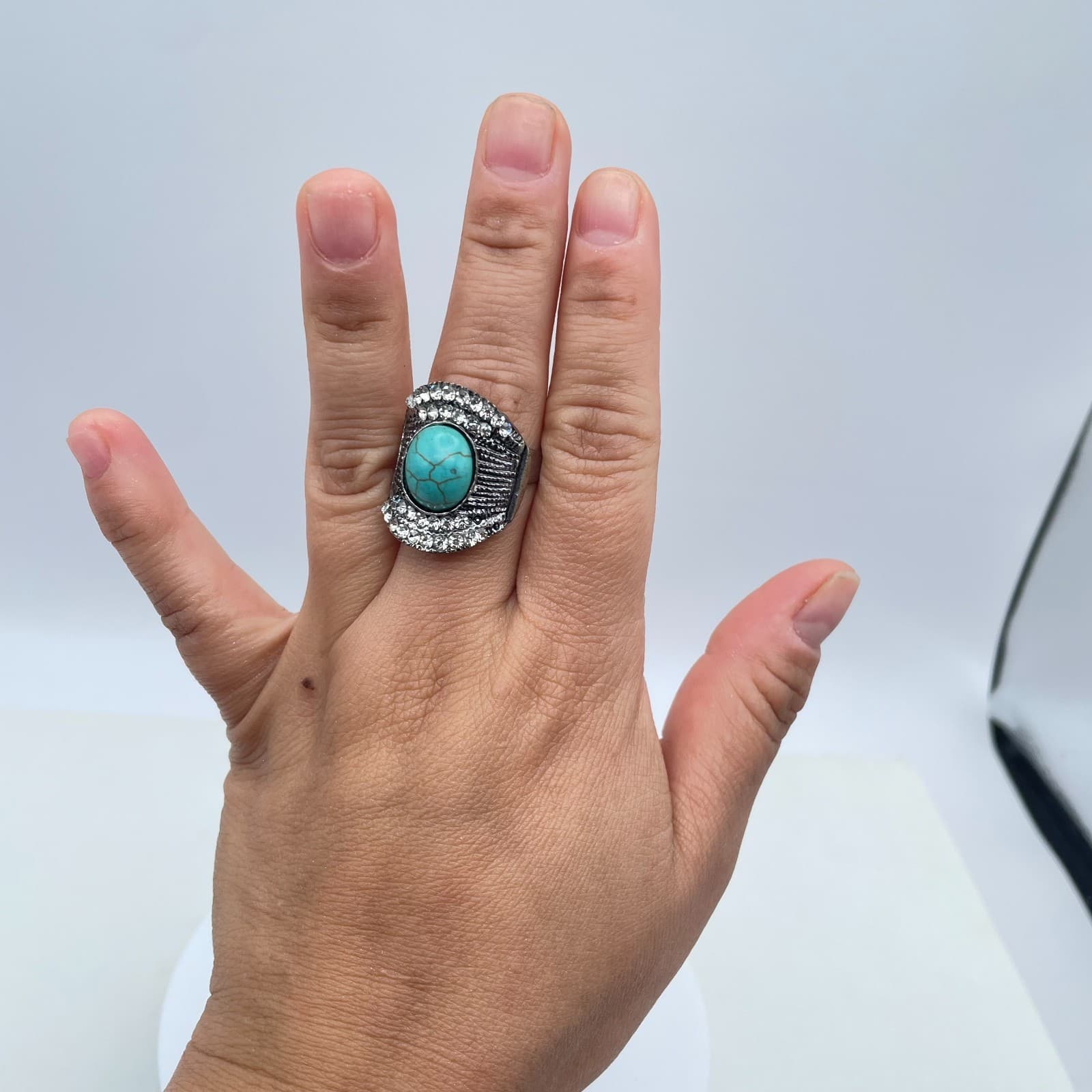 Silver-Tone Oxidize Metal Pave Clear Rhinestone Oval Turquoise Statement Ring - Thumbnail 8