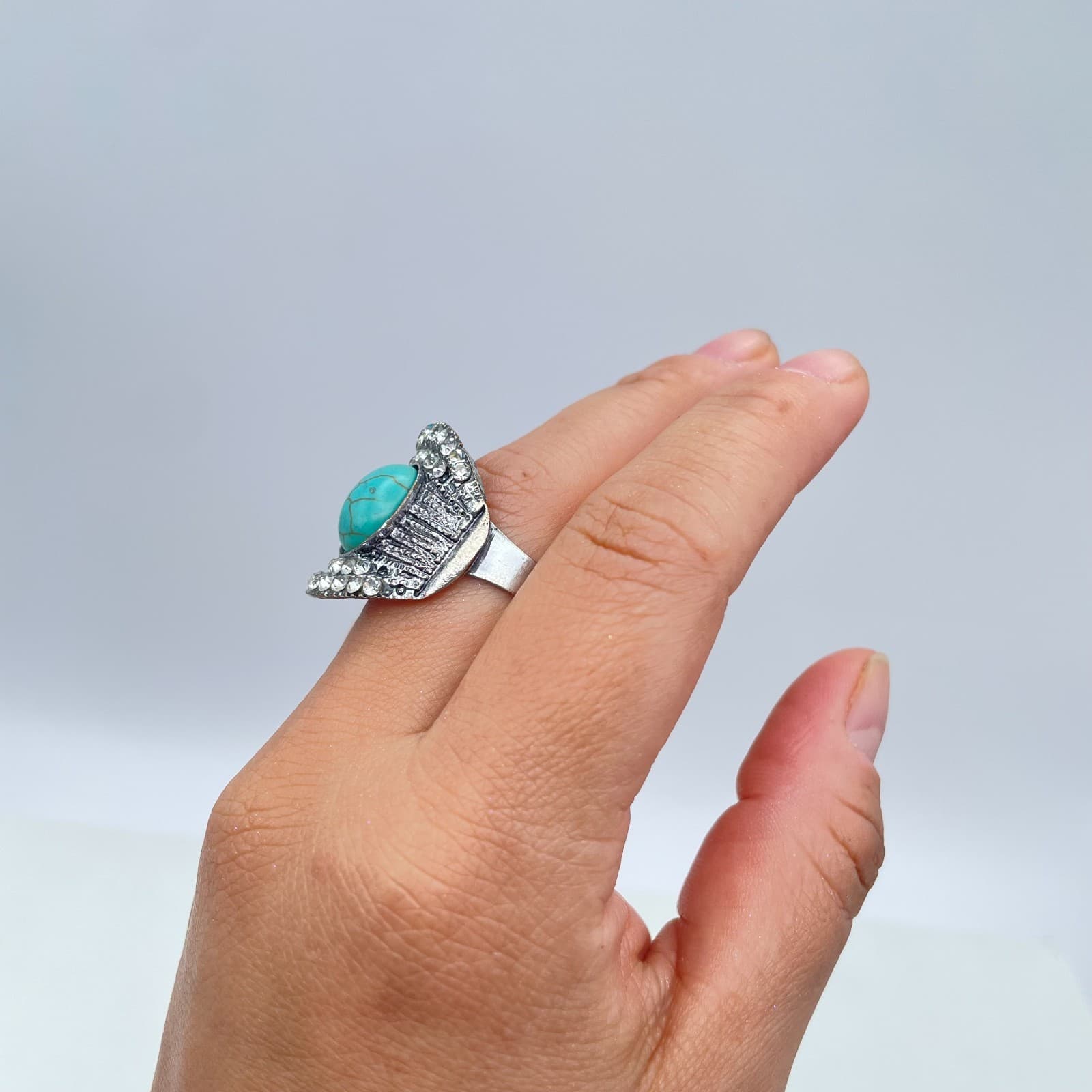 Silver-Tone Oxidize Metal Pave Clear Rhinestone Oval Turquoise Statement Ring - Thumbnail 10