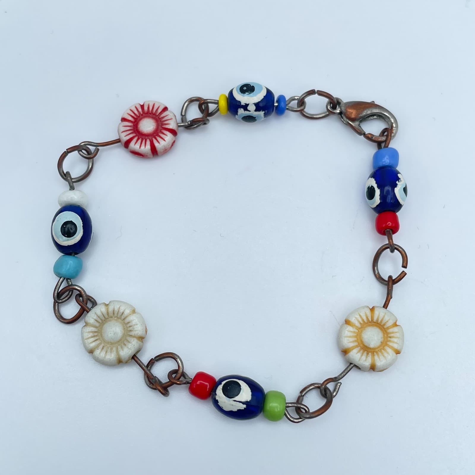 Handmade Copper-Tone Multicolor Evil Eye Flower Glass Beads Lobster Bracelet - Image 1