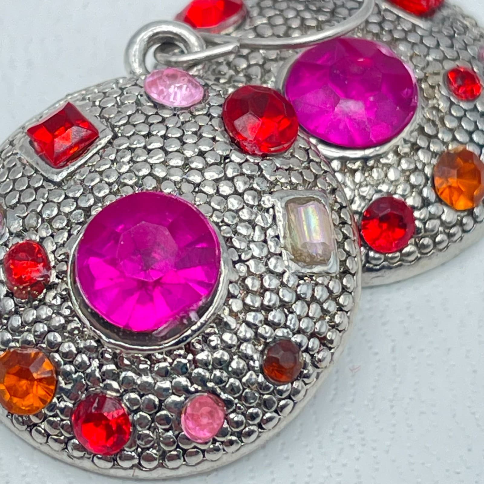 Vintage Silver-Tone Pink Red Rhinestone Embellished Round Dome Dangle Earrings - Thumbnail 5