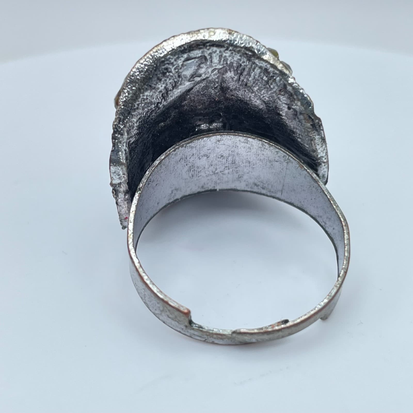 Silver-Tone Oxidize Metal Pave Clear Rhinestone Oval Turquoise Statement Ring - Thumbnail 5