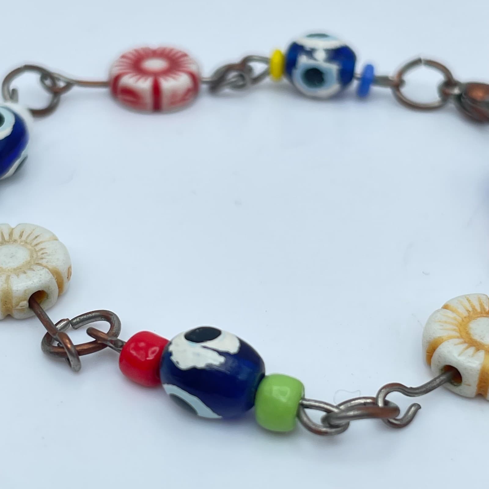 Handmade Copper-Tone Multicolor Evil Eye Flower Glass Beads Lobster Bracelet - Thumbnail 4