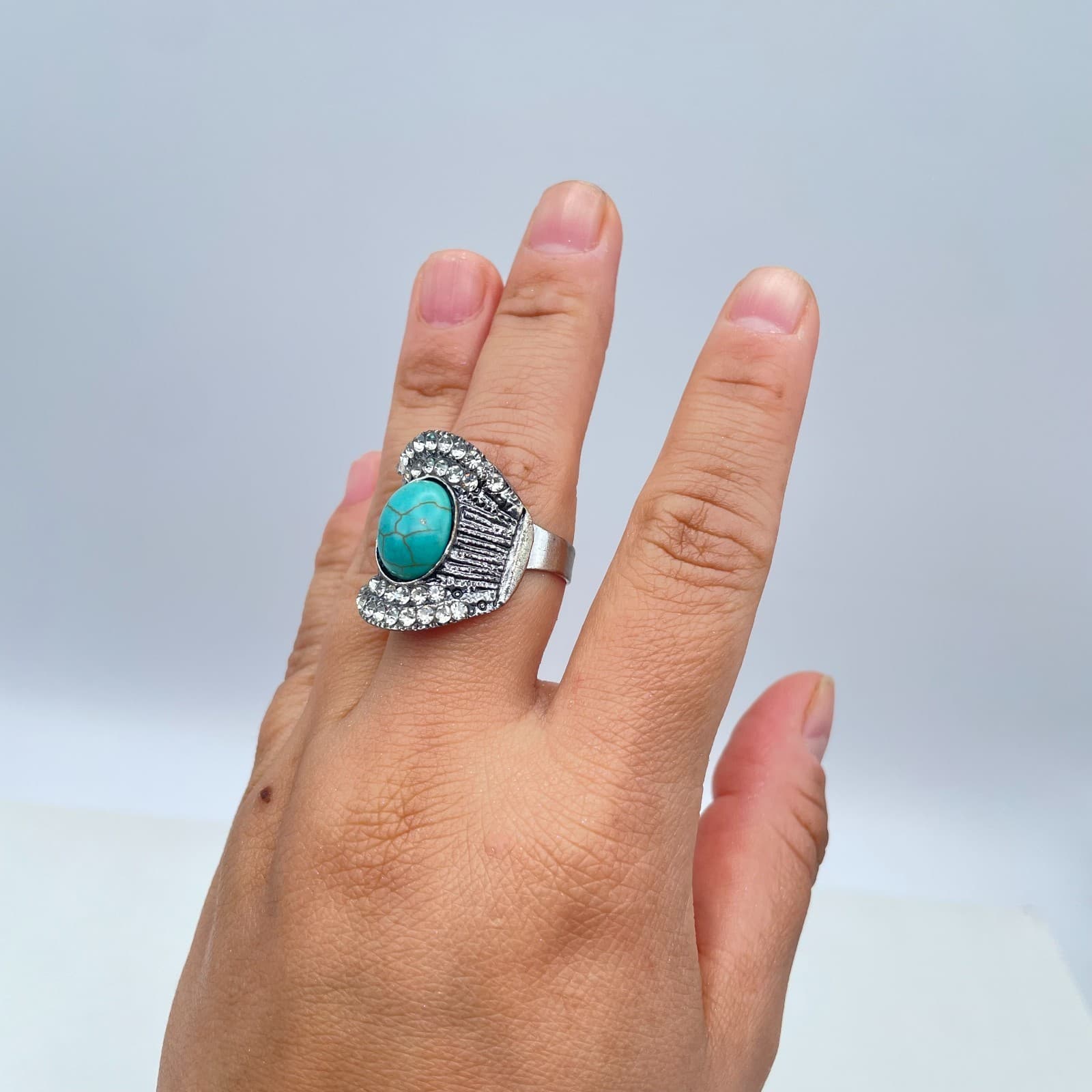 Silver-Tone Oxidize Metal Pave Clear Rhinestone Oval Turquoise Statement Ring - Thumbnail 9