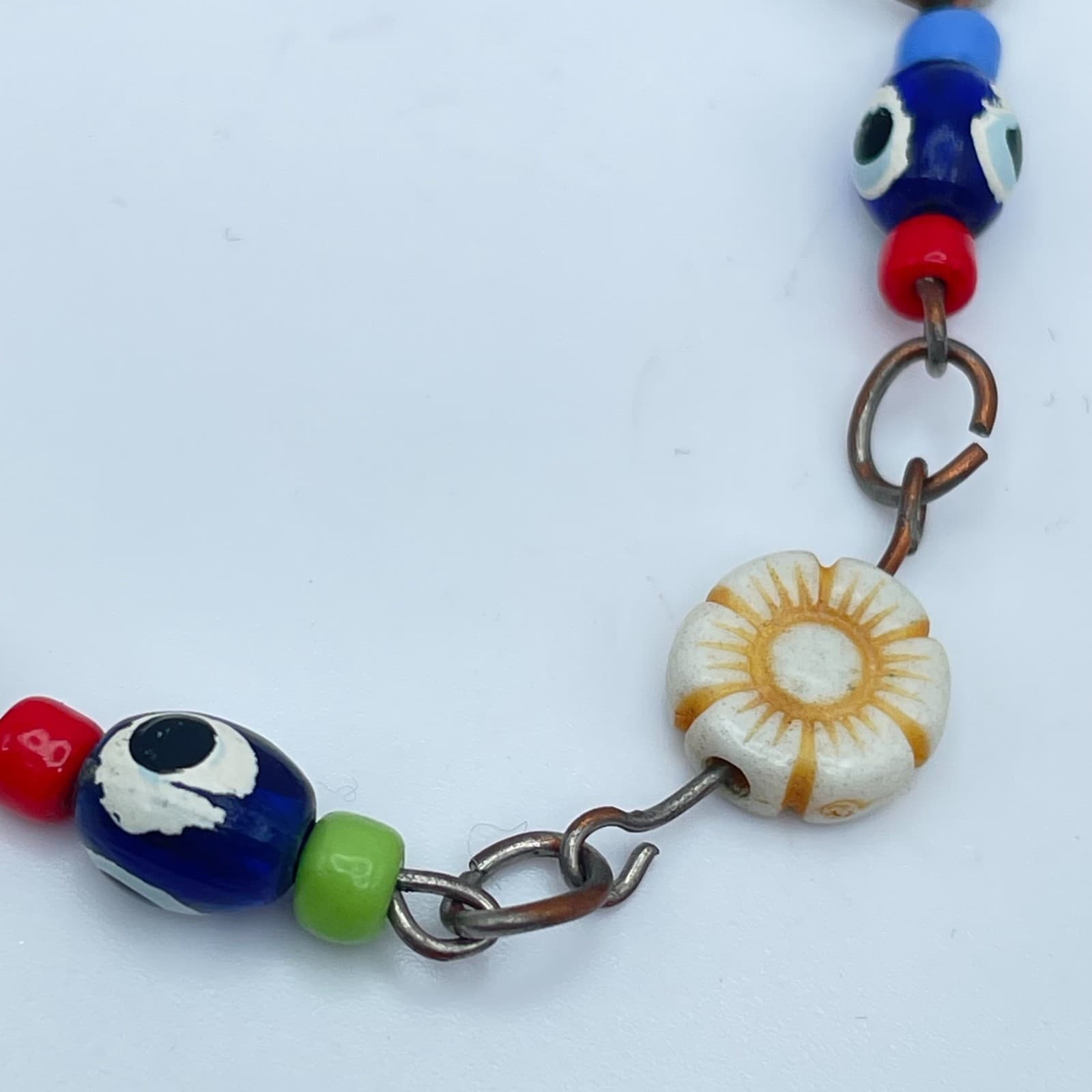 Handmade Copper-Tone Multicolor Evil Eye Flower Glass Beads Lobster Bracelet - Thumbnail 5