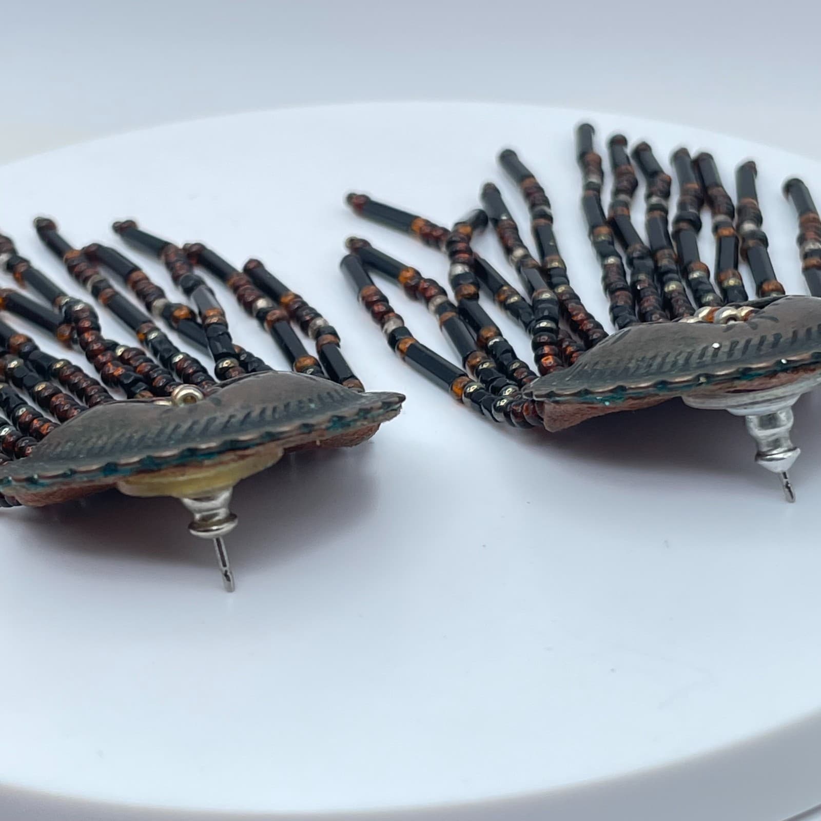 Bohemian Scalloped Metal Tops Black Brown Seed Beads Fringe Concho Earrings - Thumbnail 8