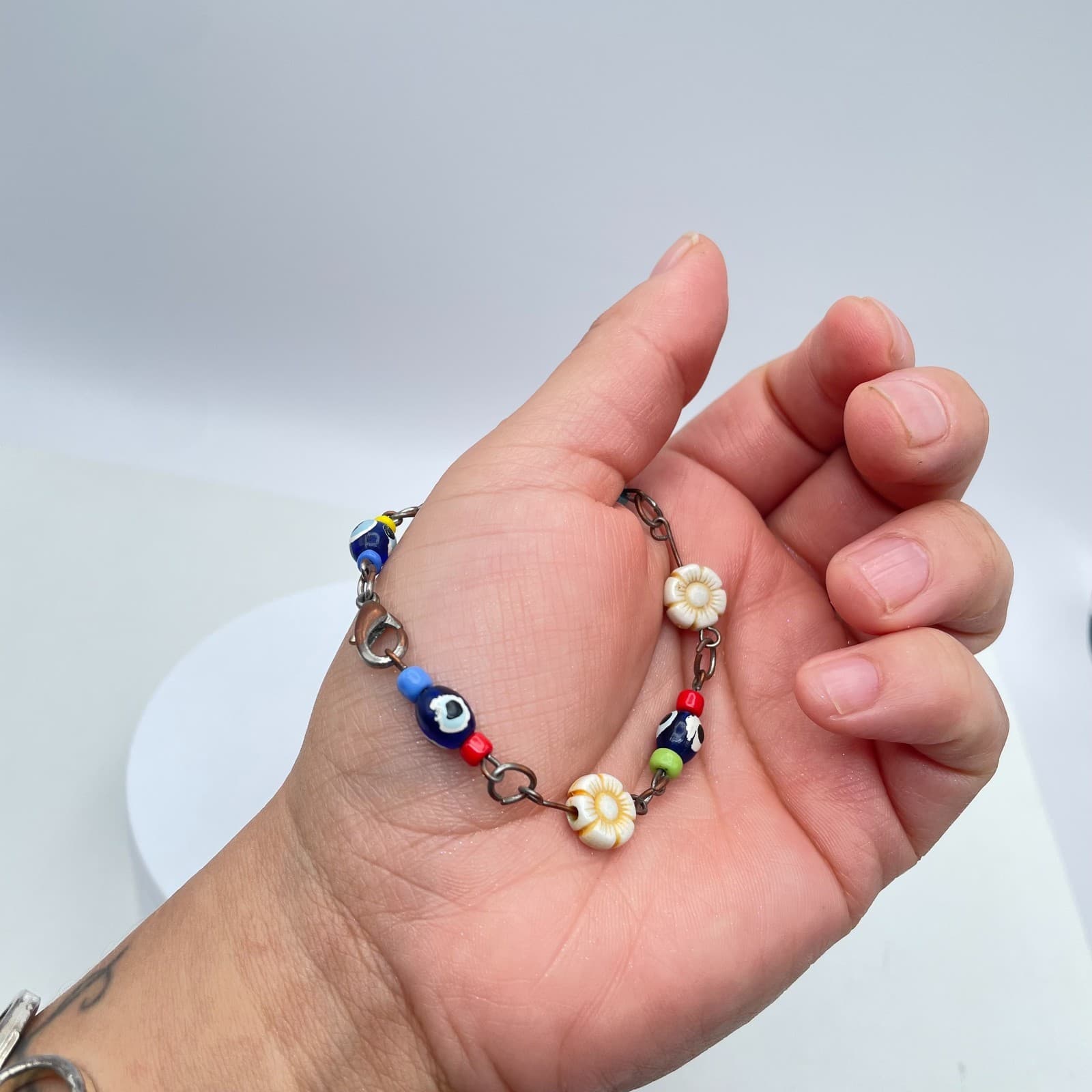 Handmade Copper-Tone Multicolor Evil Eye Flower Glass Beads Lobster Bracelet - Thumbnail 9