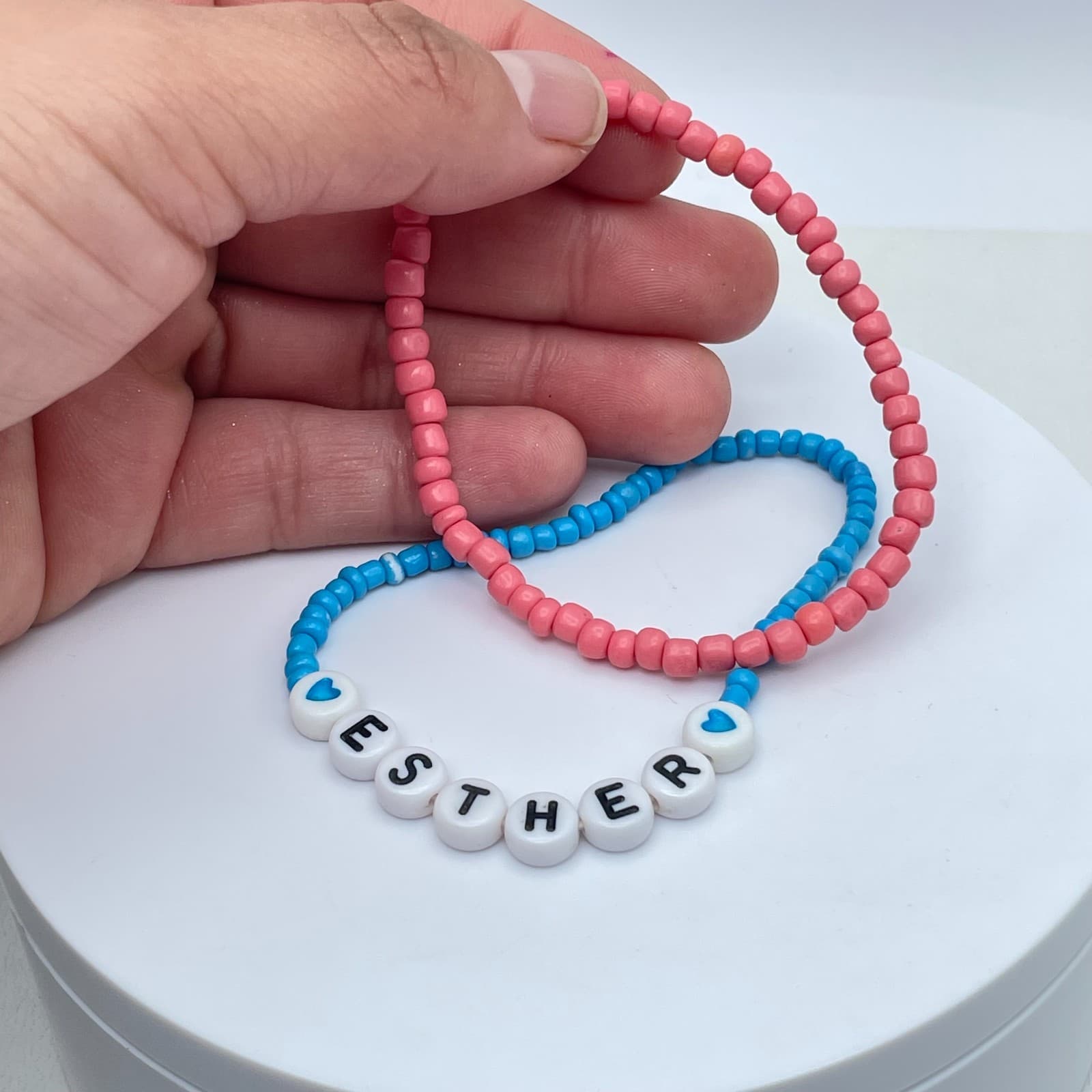 Lot of 2 Pink Blue Seed Beaded Personalized Name "Esther" Cord Stretch Bracelet - Thumbnail 6