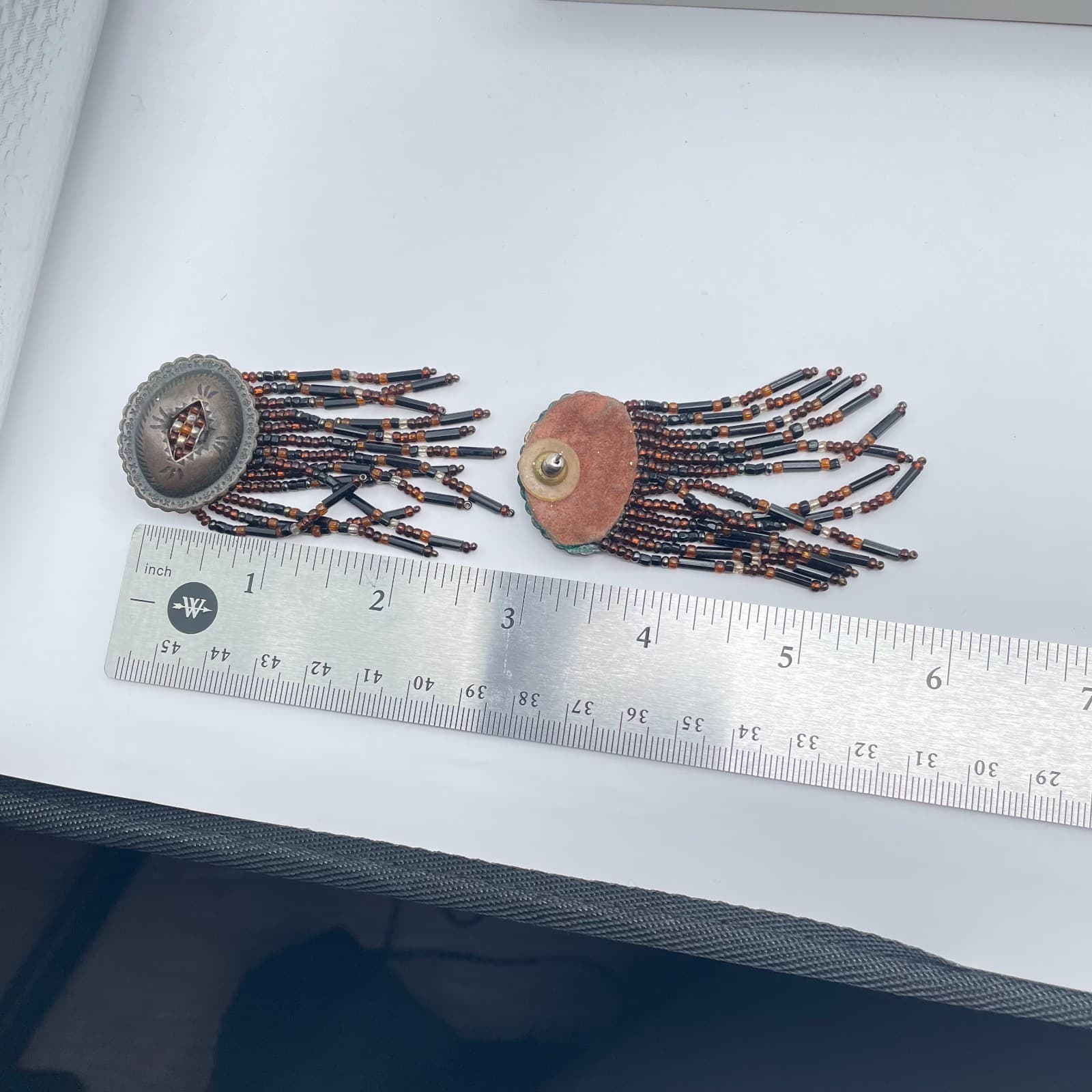 Bohemian Scalloped Metal Tops Black Brown Seed Beads Fringe Concho Earrings - Thumbnail 2