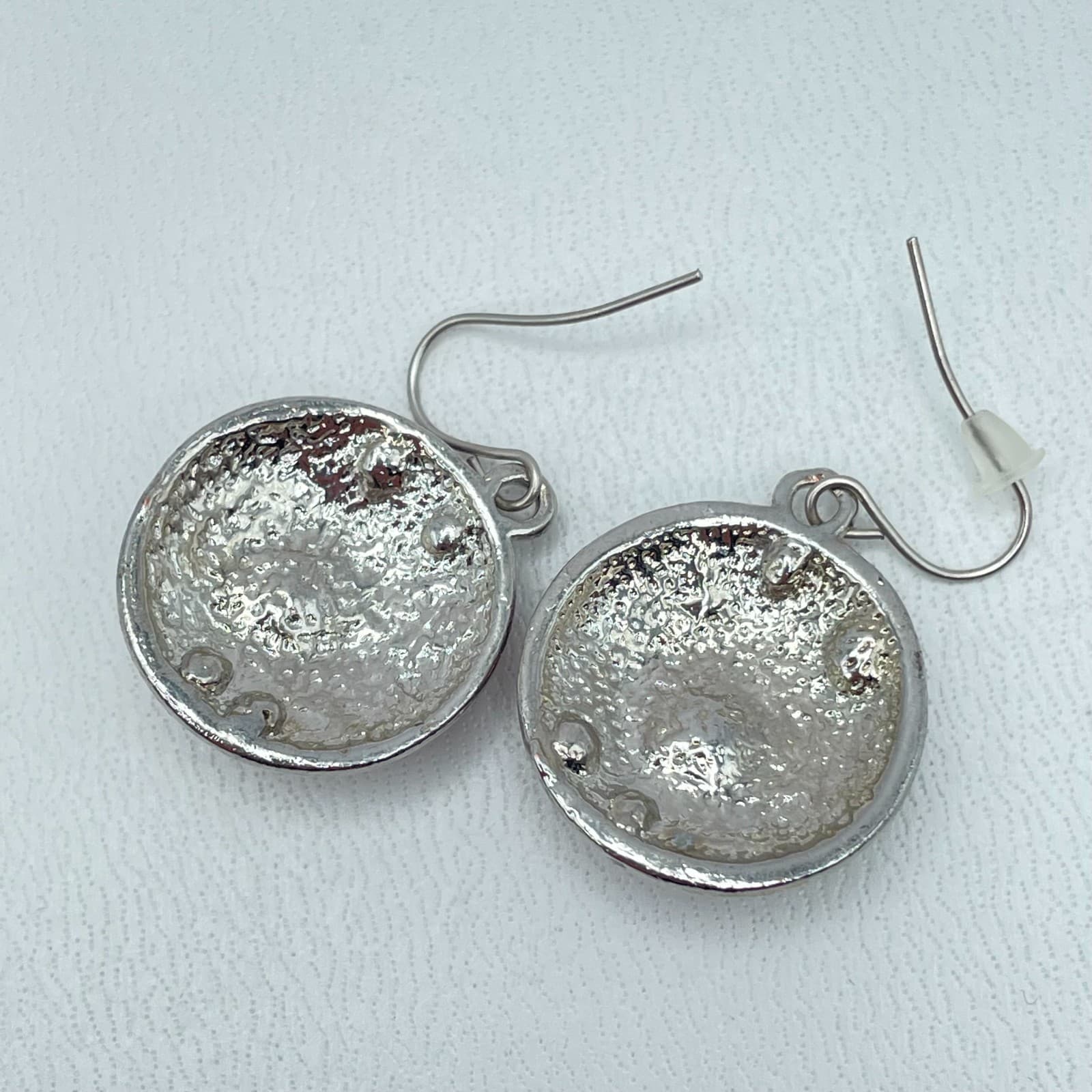 Vintage Silver-Tone Pink Red Rhinestone Embellished Round Dome Dangle Earrings - Thumbnail 3