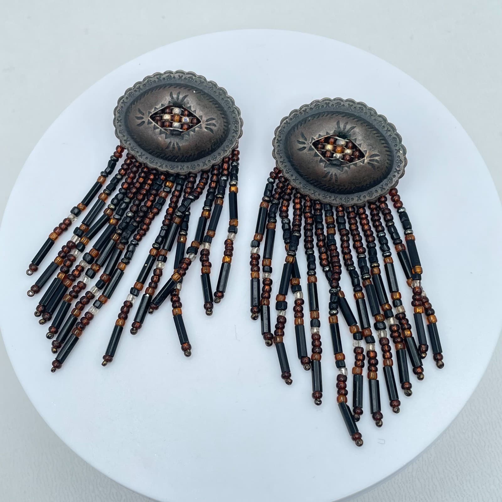Bohemian Scalloped Metal Tops Black Brown Seed Beads Fringe Concho Earrings - Image 1