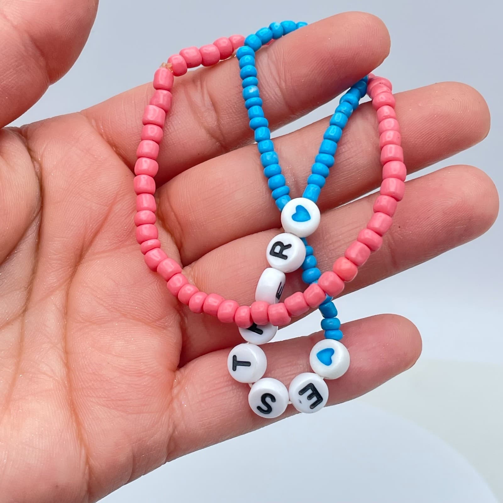 Lot of 2 Pink Blue Seed Beaded Personalized Name "Esther" Cord Stretch Bracelet - Thumbnail 8