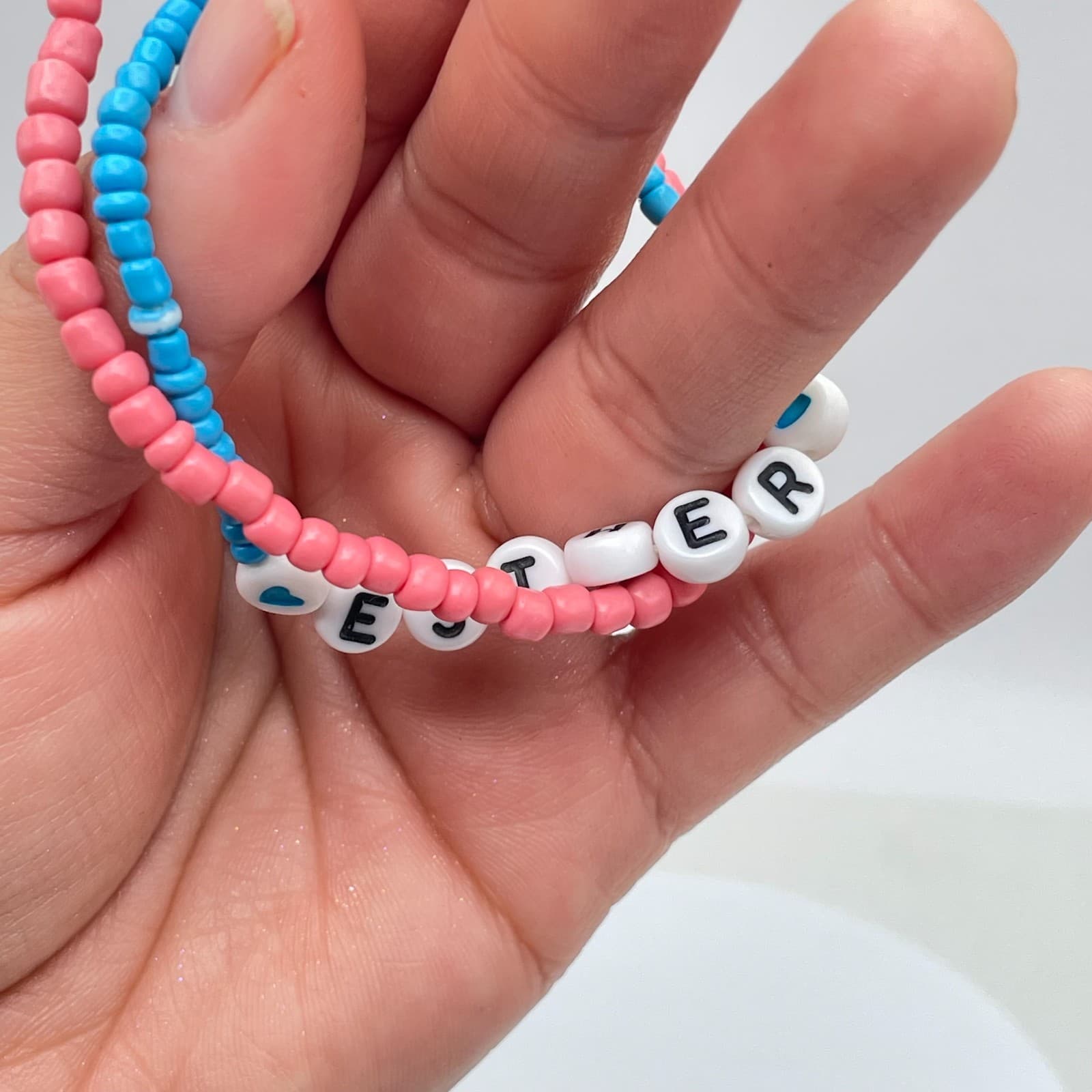 Lot of 2 Pink Blue Seed Beaded Personalized Name "Esther" Cord Stretch Bracelet - Thumbnail 7