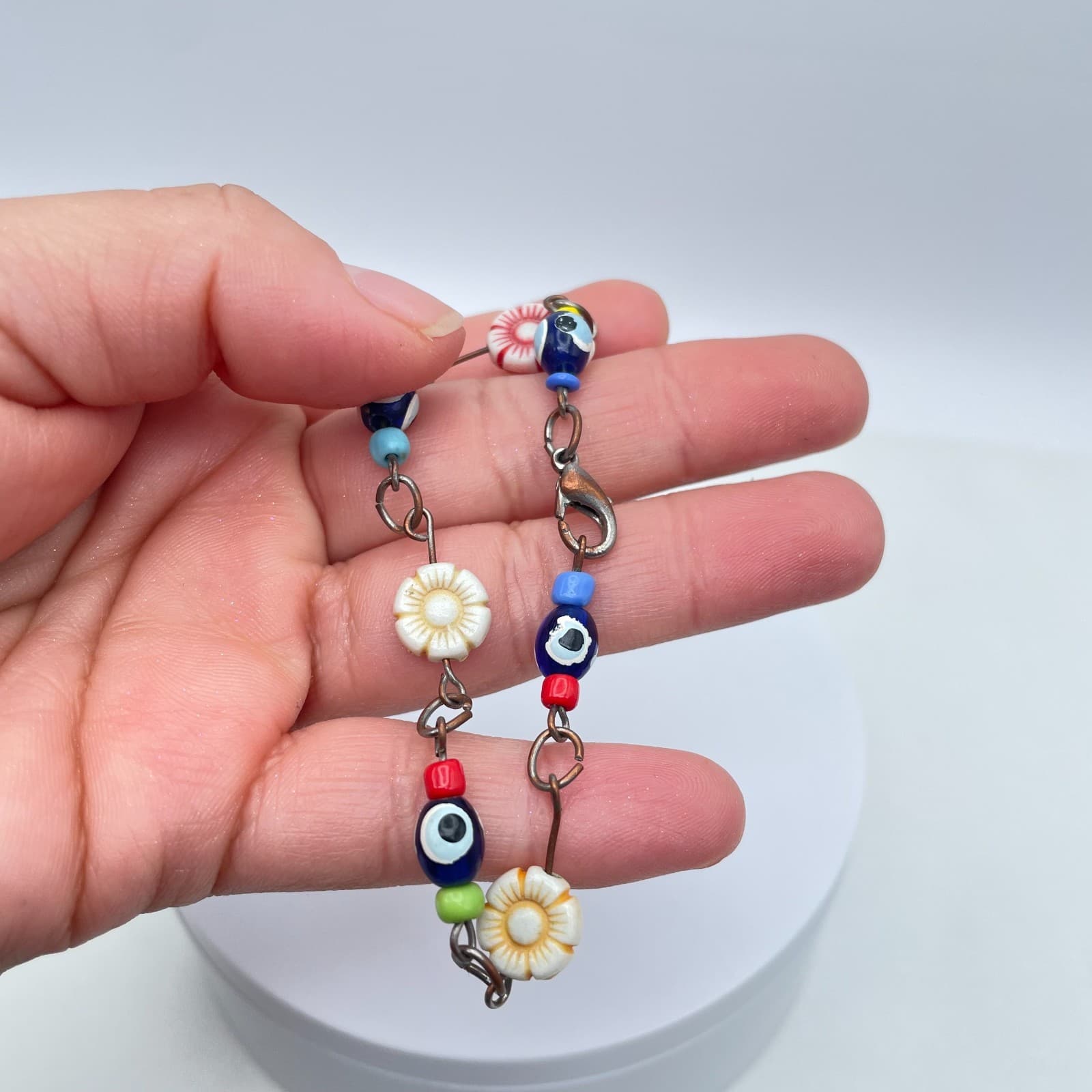 Handmade Copper-Tone Multicolor Evil Eye Flower Glass Beads Lobster Bracelet - Thumbnail 7