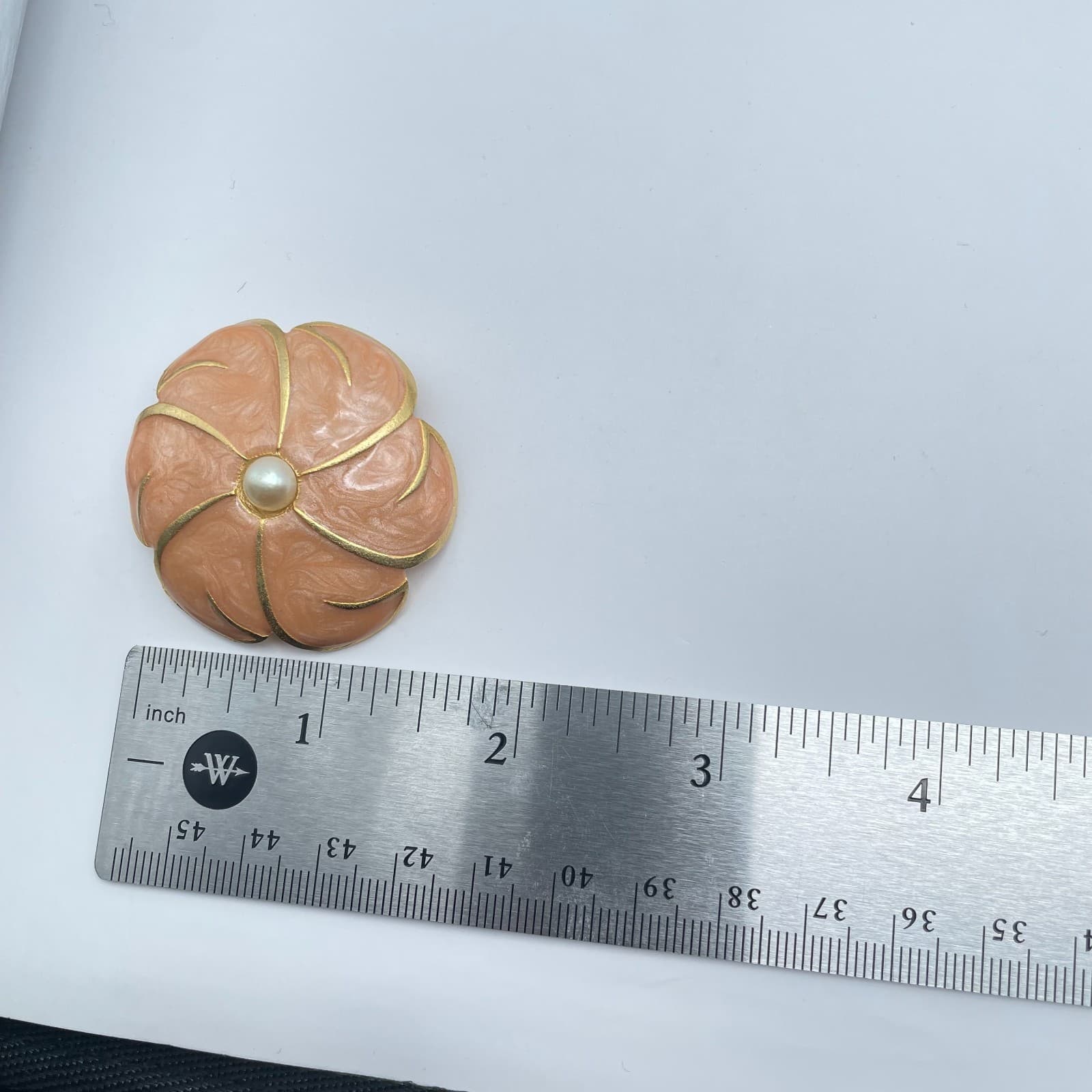Vintage Gold-Tone Peach Enamel Petal Floral Mother Of Pearl Bead Brooch Pin - Thumbnail 2