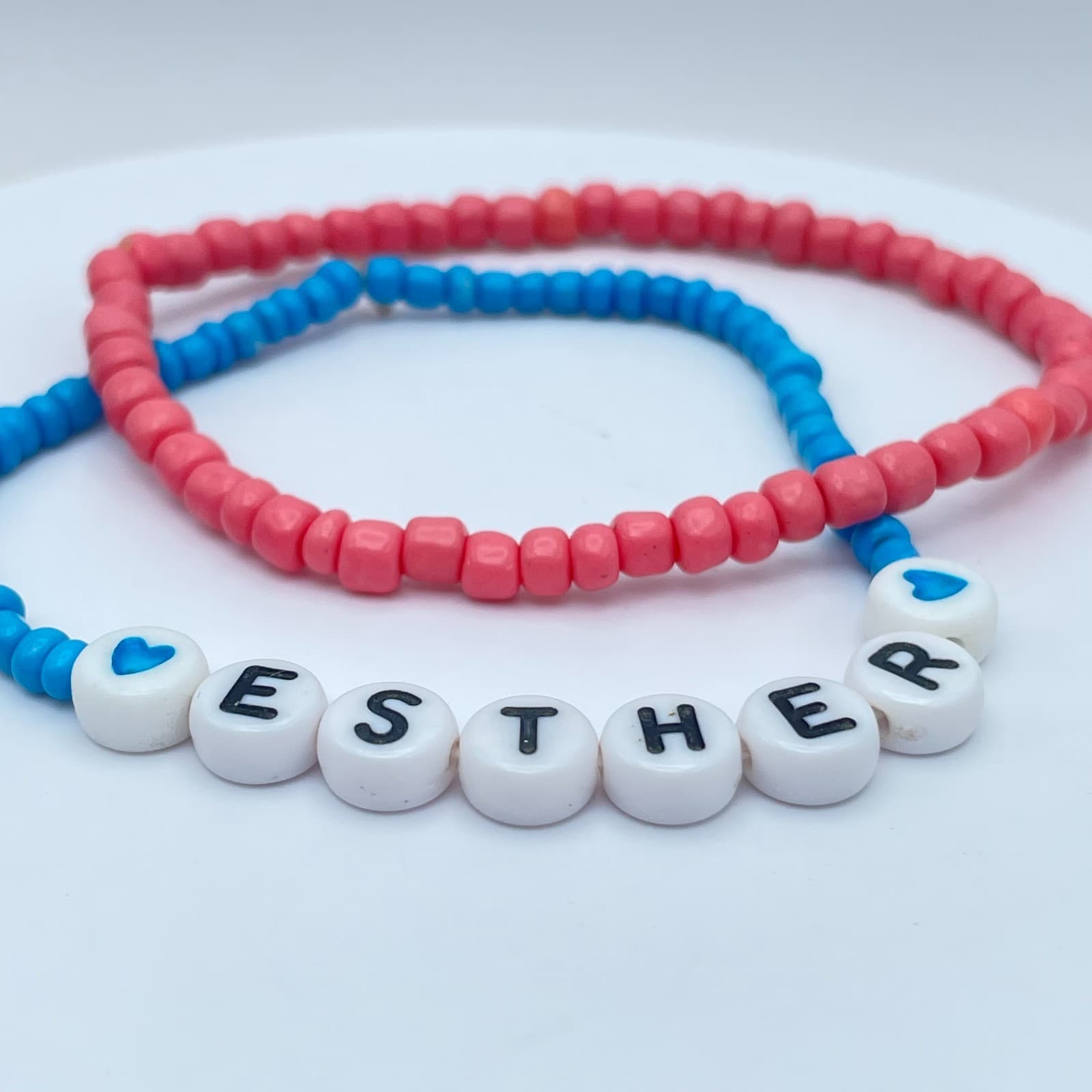 Lot of 2 Pink Blue Seed Beaded Personalized Name "Esther" Cord Stretch Bracelet - Thumbnail 5